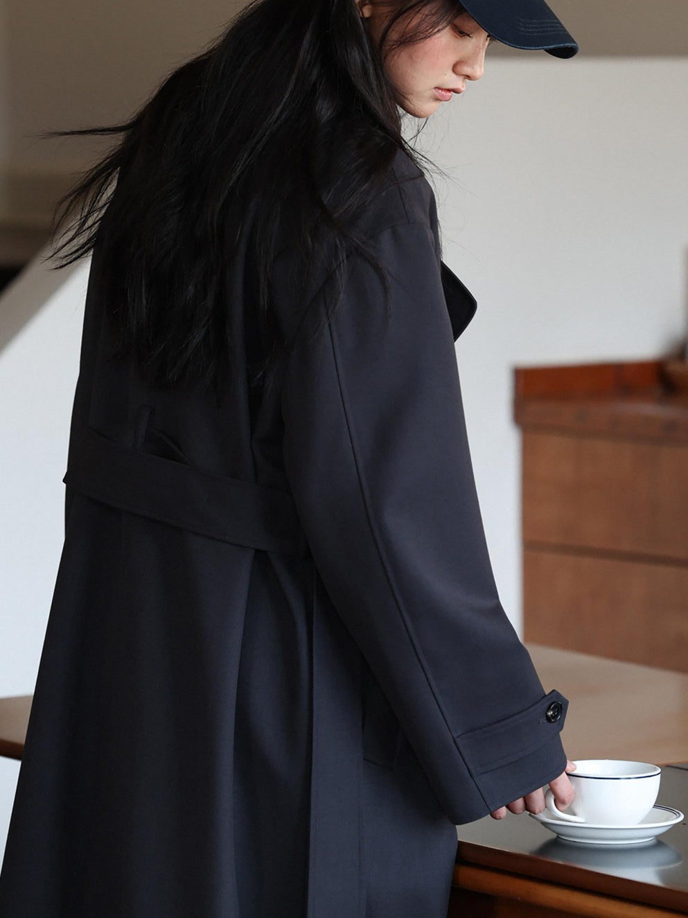 Miroment Elegant Wool Blend Double Breasted Tailored Midi Women Cream Long Trench Coat