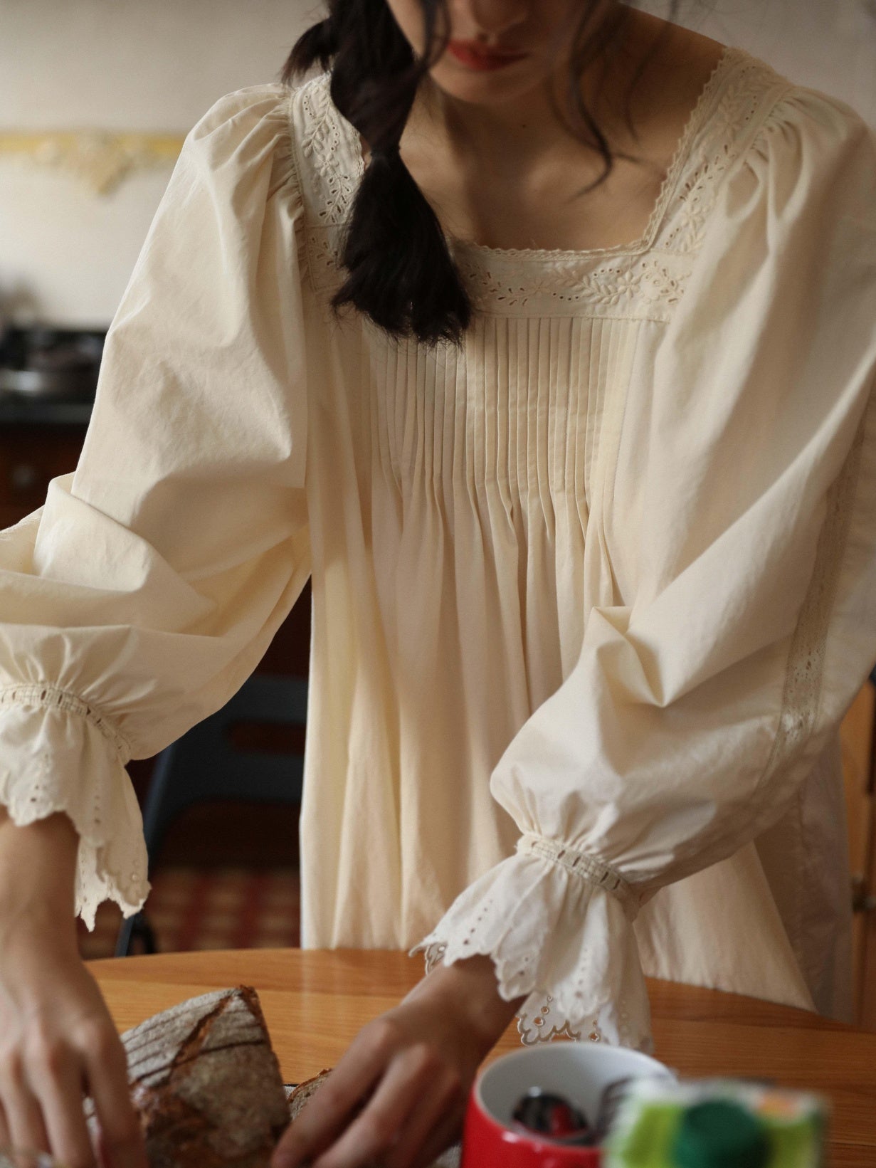 Miroment Organic Cotton Vintage Lace Long Sleeve Japanese Womens Elegant Maxi Dresses