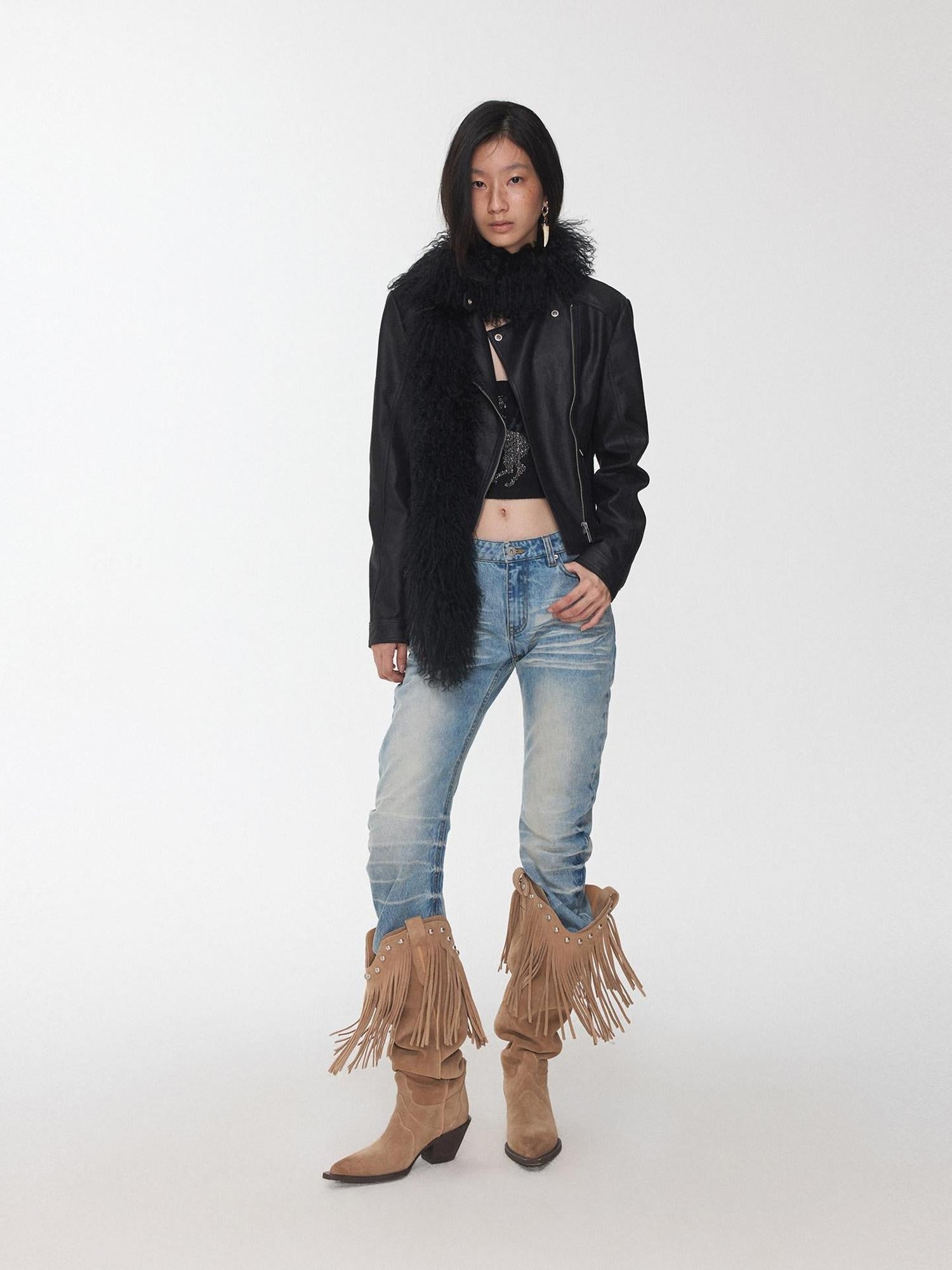 1JINN STUDIO Slim Pu Faux Leather Cropped Zipper Casual Women Washed Colors Leather Jackets