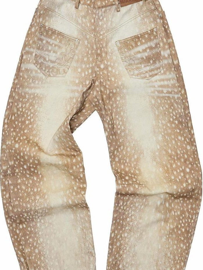 1JINN STUDIO Embroidered Low Waist Vintage Loose Fit For Women Deer Print Wide Leg Pants