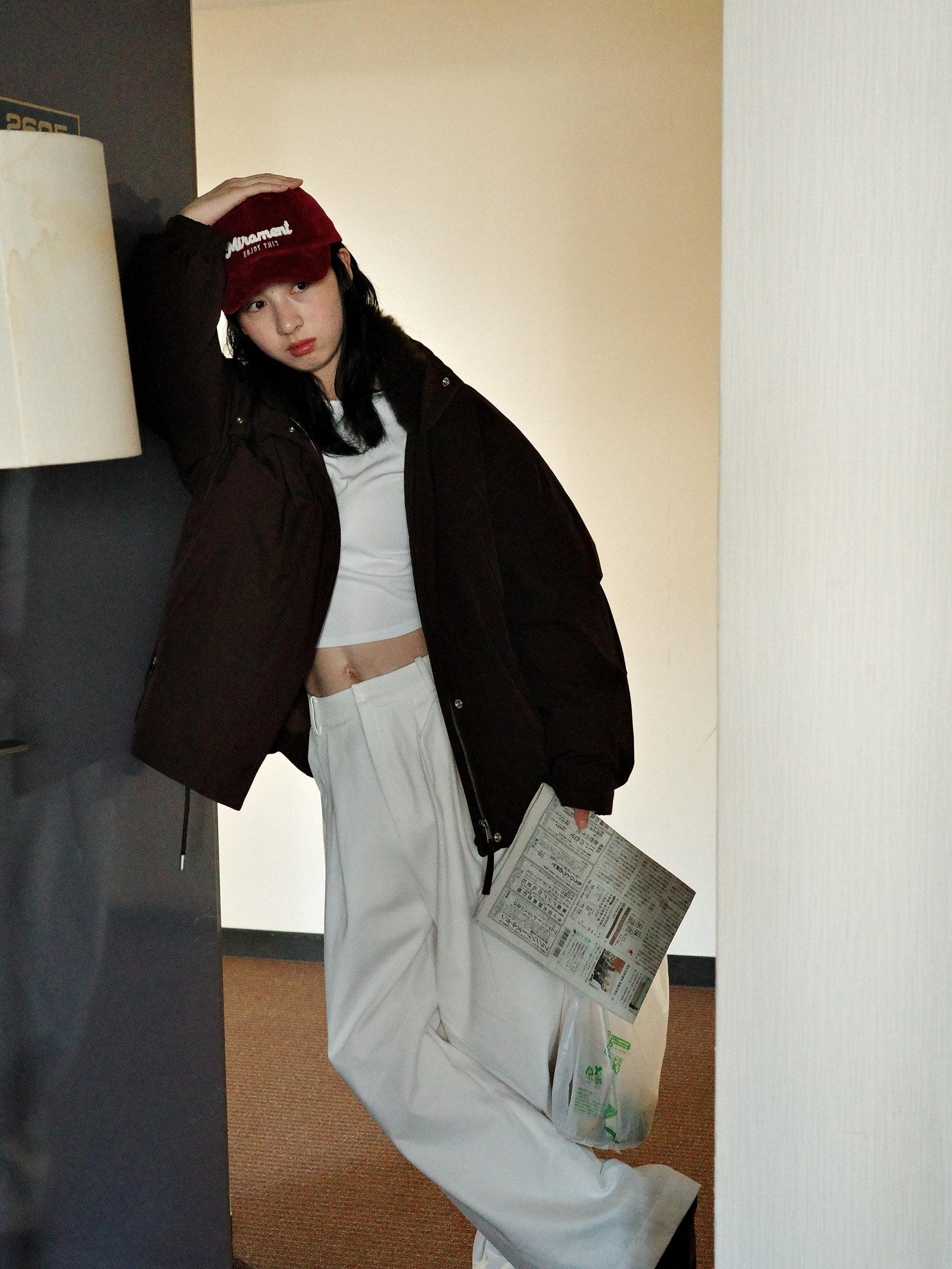 Miroment High Waist Straight Leg Regular And Long Versatile White Angora Red Casual Pants