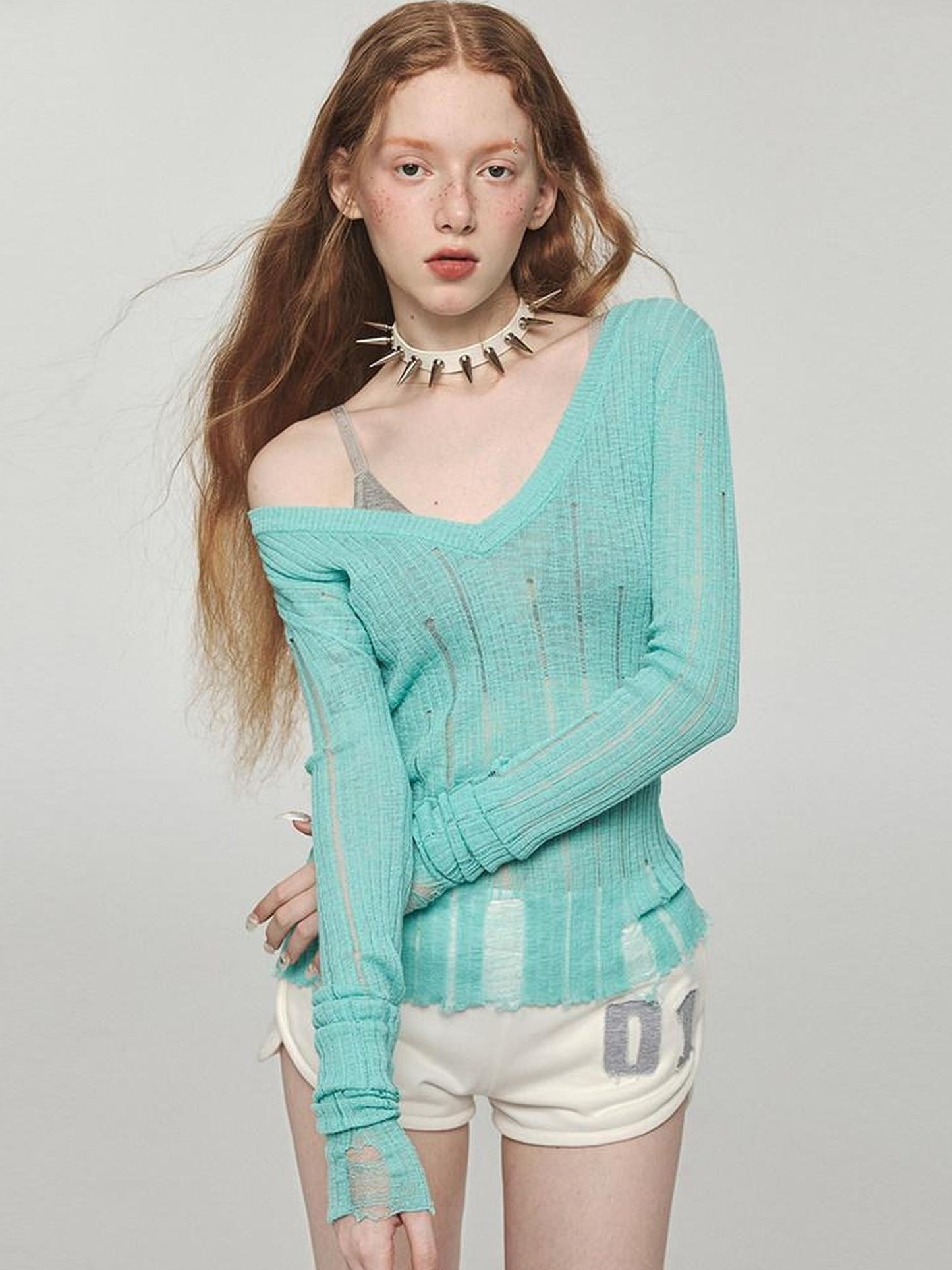 1JINN STUDIO Lightweight V-neck Hollowed Slim Waist Pullover Viscose Sweaters