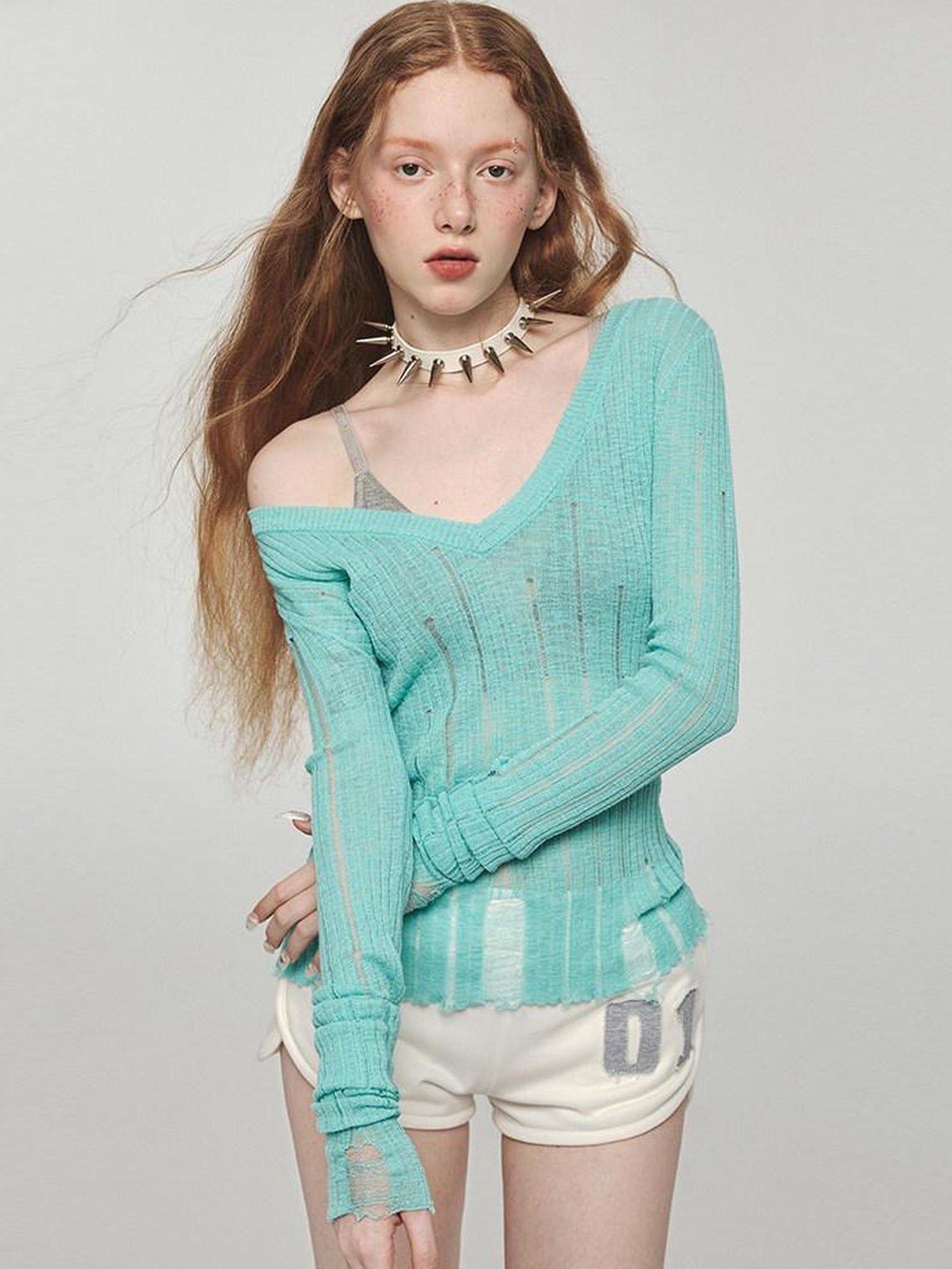 1JINN STUDIO Lightweight V-neck Hollowed Slim Waist Pullover Viscose Sweaters