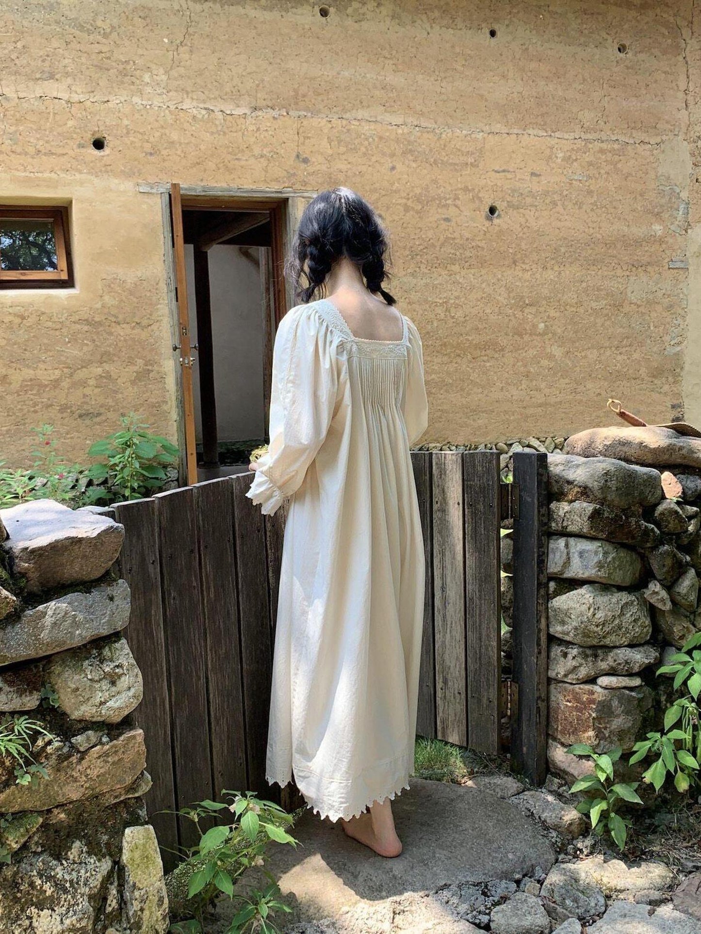 Miroment Organic Cotton Vintage Lace Long Sleeve Japanese Womens Elegant Maxi Dresses