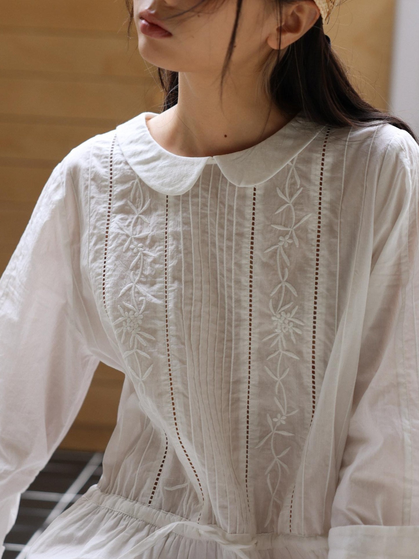Miroment 100% Cotton Artistic Patchwork Doll Collar Mid Sleeve Low Waist Maxi Dresses