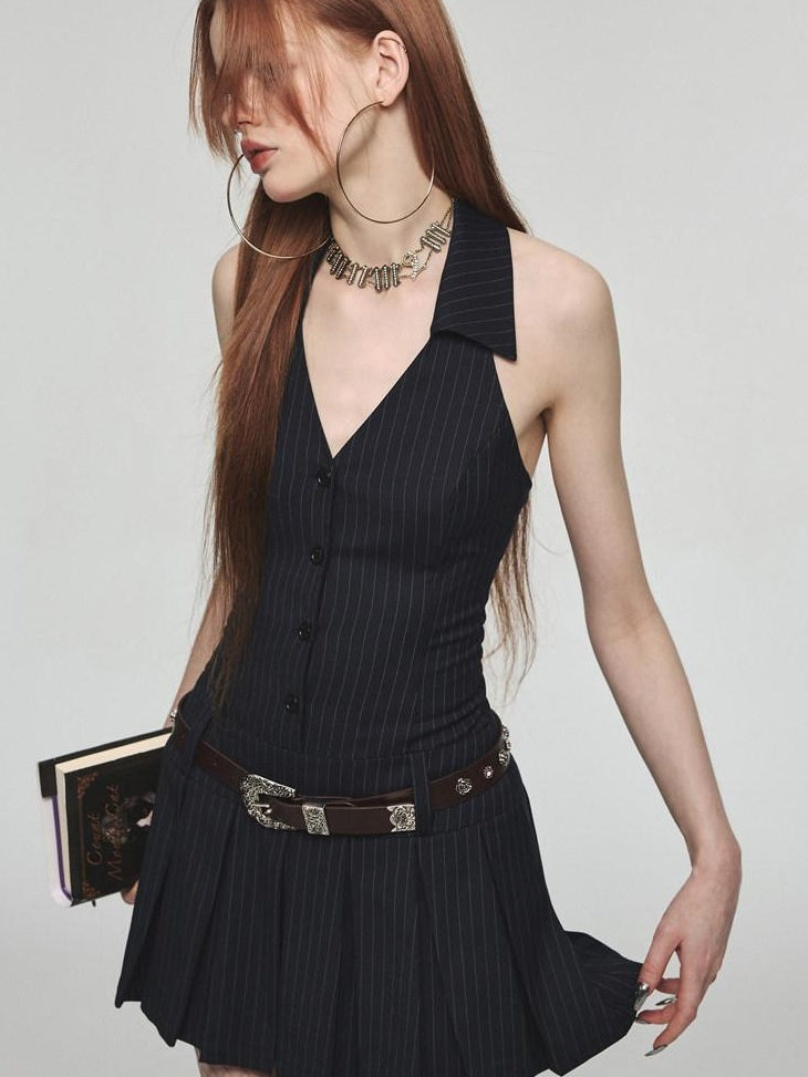 1JINN STUDIO Cinched Waist Halter V-neck A Line Office Slim Fit Navy Blue Mini Dresses