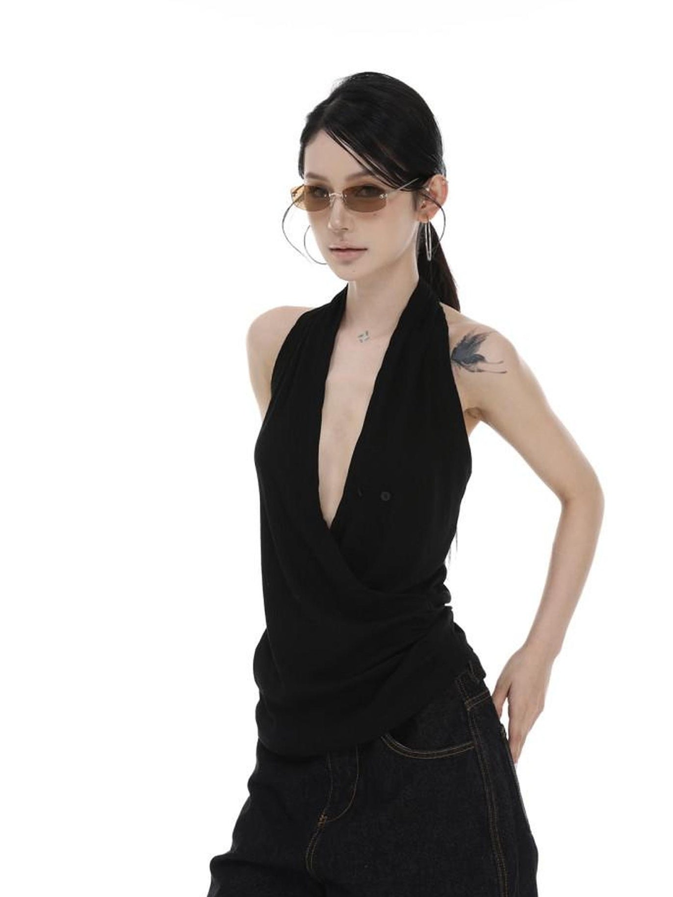 CrushOnit Original Design Patchwork Halter Stretch Cotton Regular Women Black Tank Tops