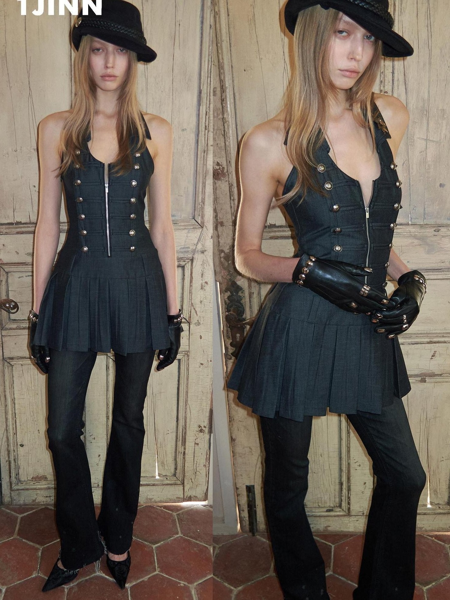 1JINN STUDIO Slim Regal Pleated Double Breasted Collar Sleeveless Casual Women Mini Dresses