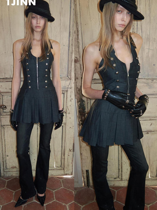 1JINN STUDIO Slim Regal Pleated Double Breasted Collar Sleeveless Casual Women Mini Dresses