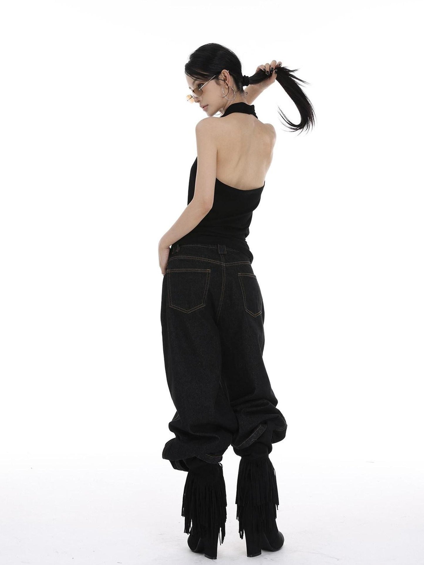 CrushOnit Original Design Patchwork Halter Stretch Cotton Regular Women Black Tank Tops