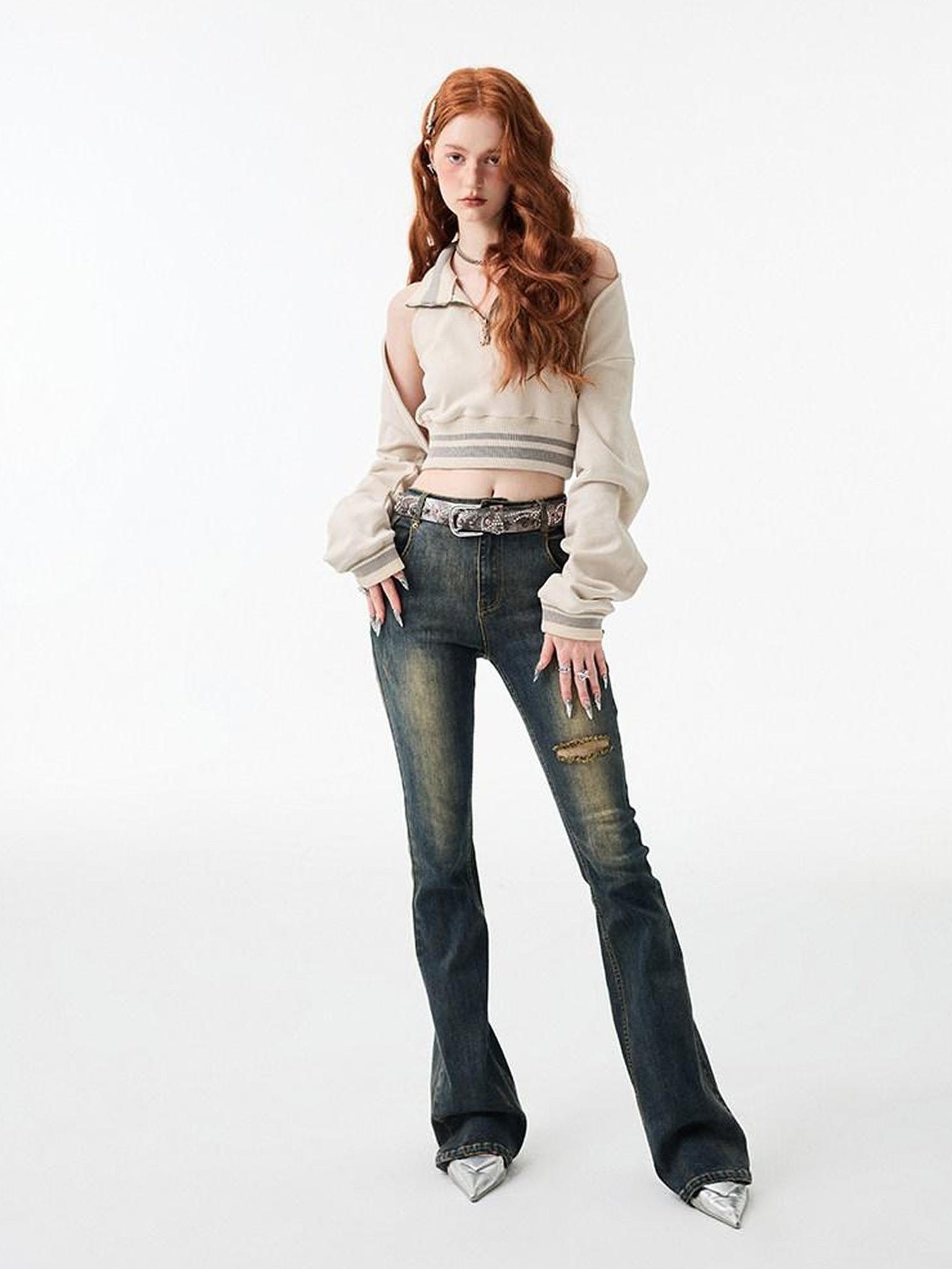 1JINN STUDIO Vintage Faded Thick Denim Slim Natural Waist Women Straight Leg Jeans