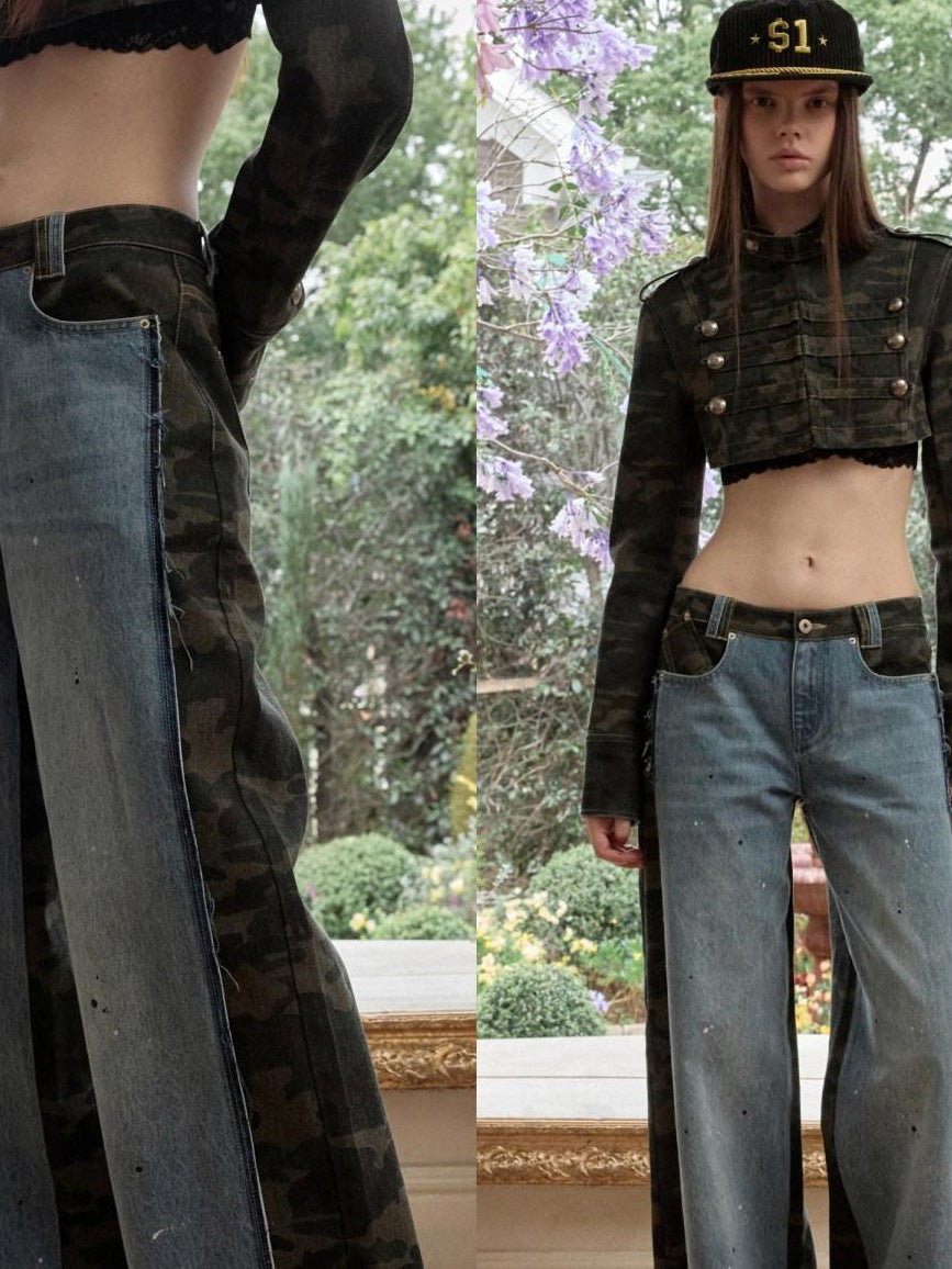 1JINN STUDIO Camo Military Green Double Breasted Cropped Long Sleeve Women Top & Shorts Sets