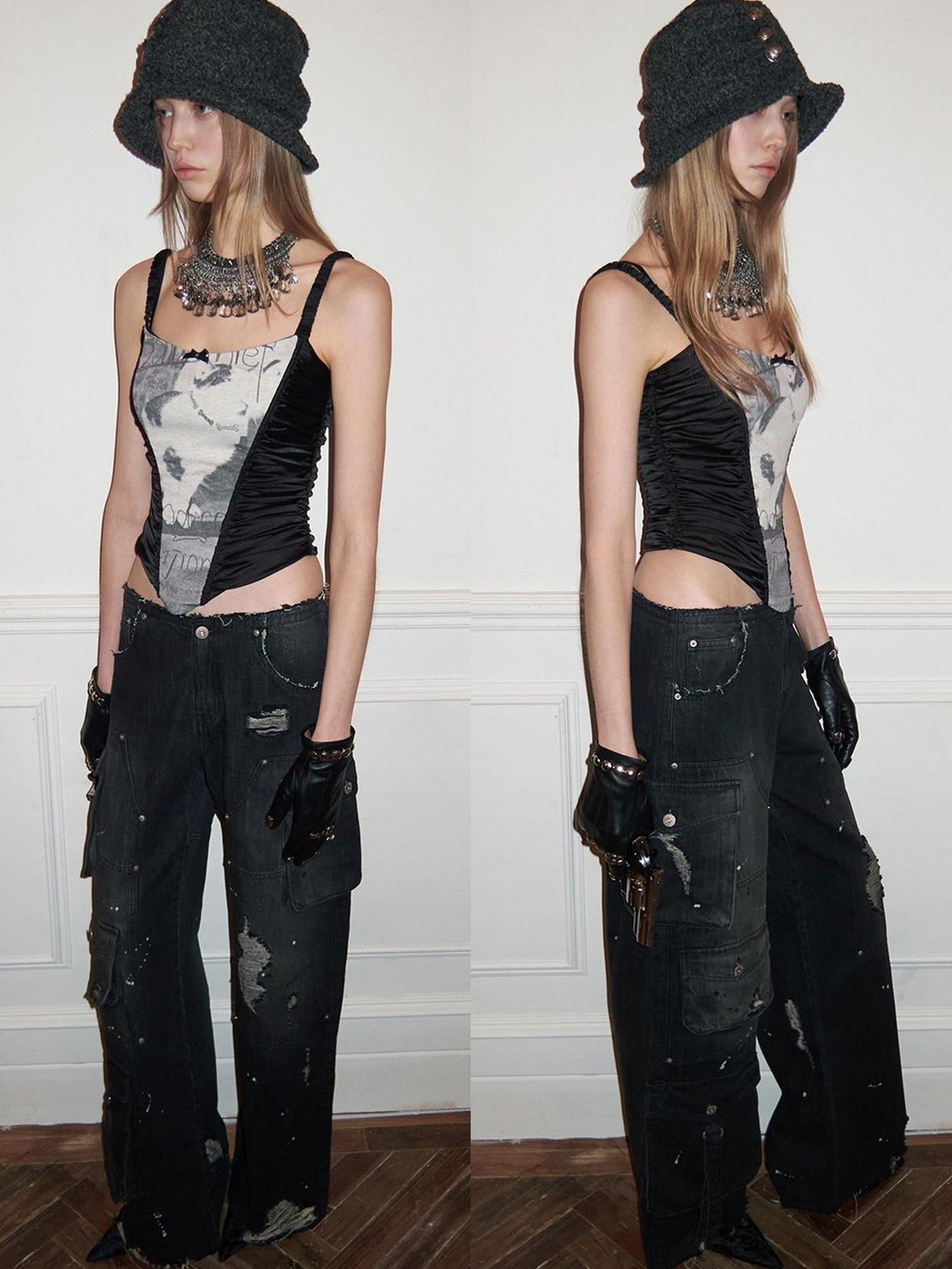 Washed Black Low Rise Cargo Pocket Button Fly Women Straight Leg Jeans