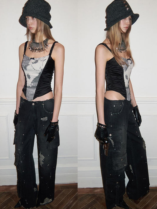 Washed Black Low Rise Cargo Pocket Button Fly Women Straight Leg Jeans