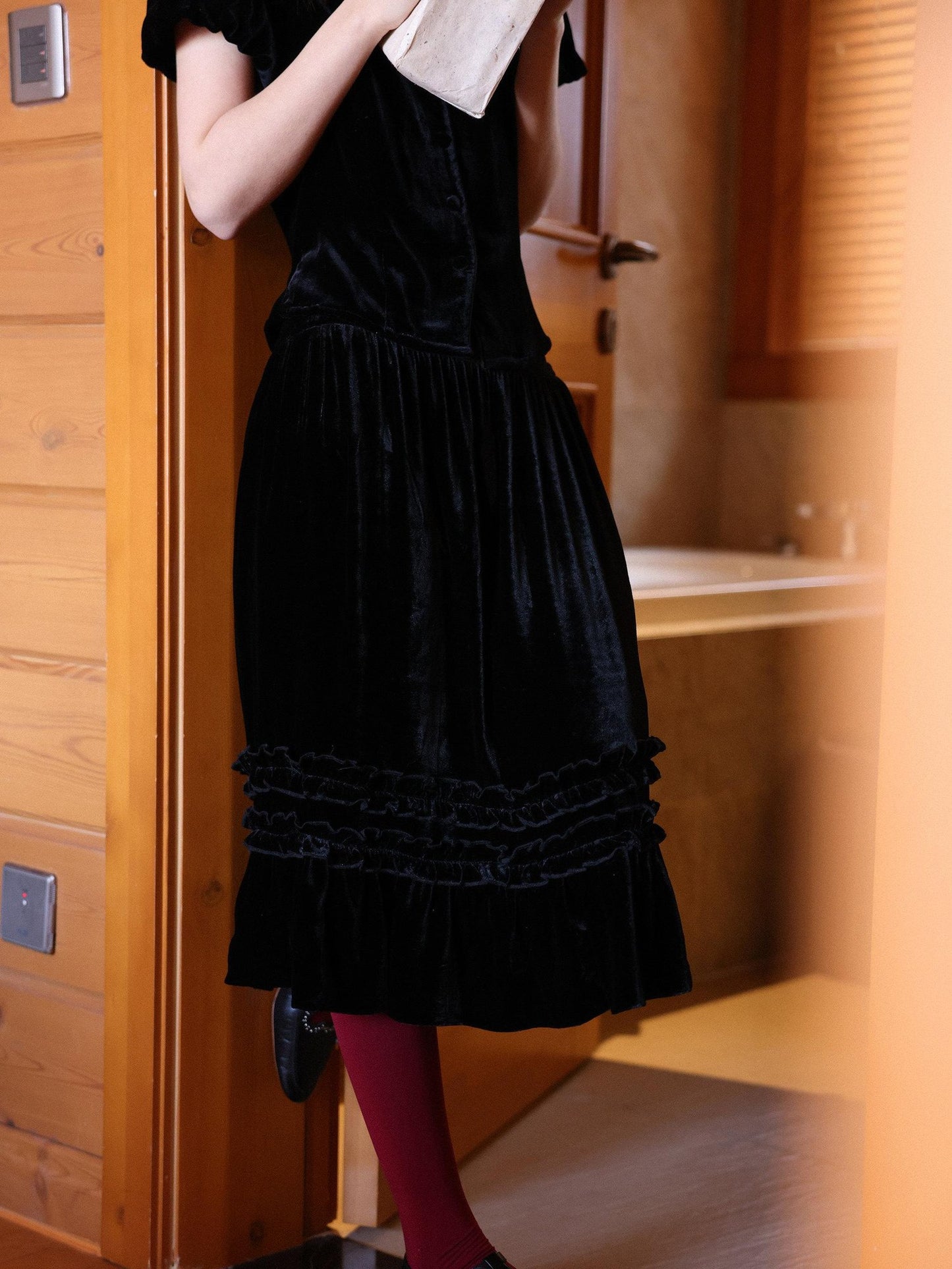 Miroment Elegant High Waist Silk Velvet Lace A Line Women Workwear Waltz Midi Skirt