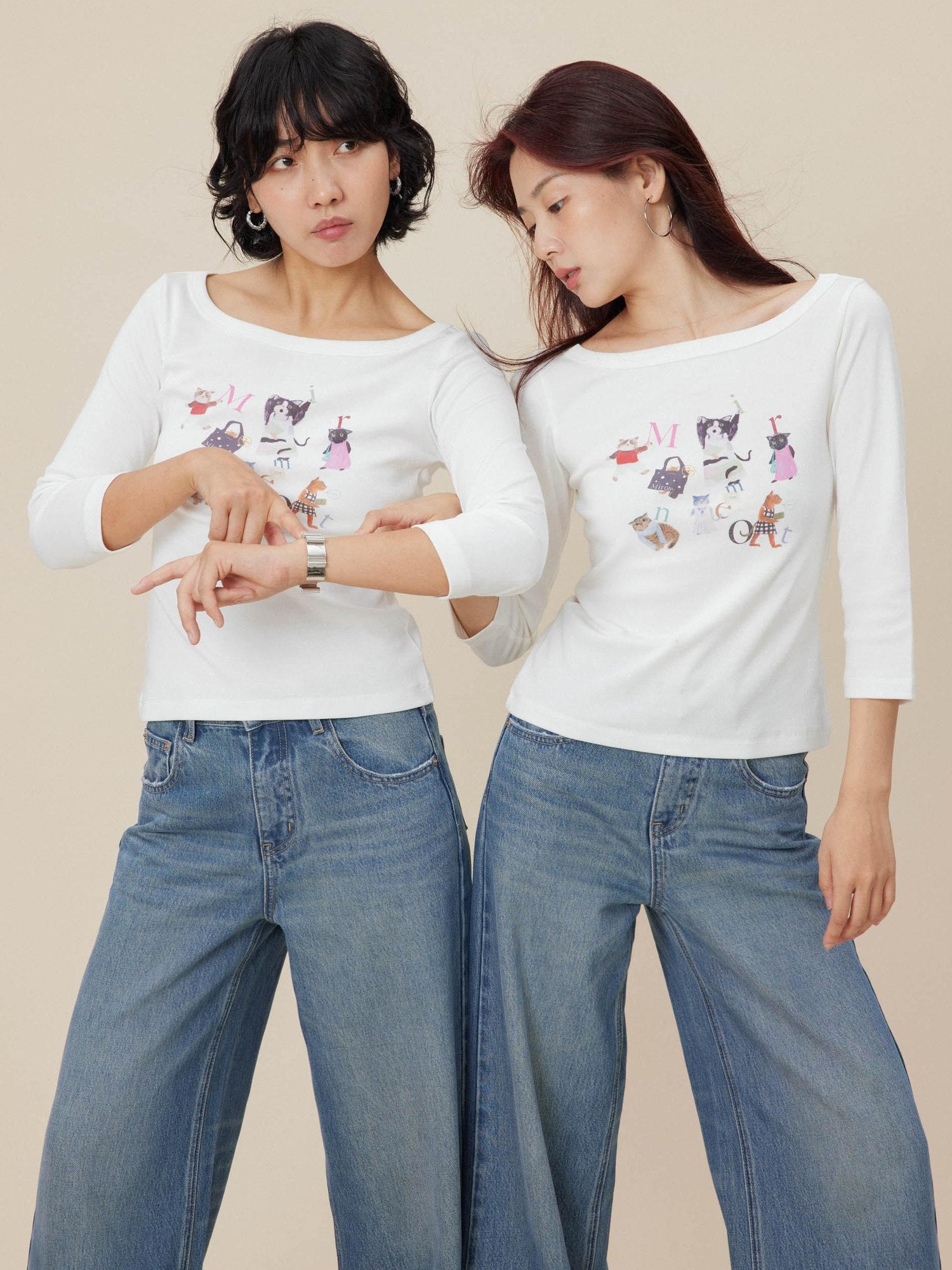 Miroment Elegant Printed Fitted Waist Bardot Neck Women Cotton Blend Pullover T-Shirt