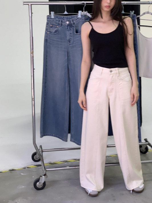 Miroment Versatile Durable High Waist Wide Leg Zipper Fly Cotton Women Denim Jeans