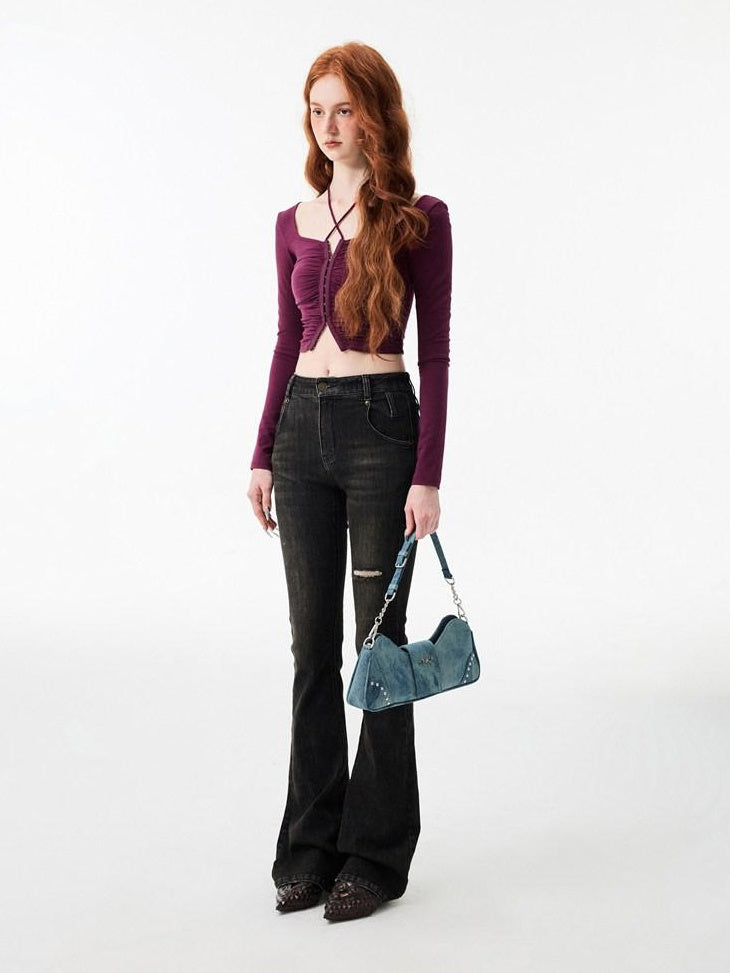 1JINN STUDIO Vintage Faded Thick Denim Slim Natural Waist Women Straight Leg Jeans