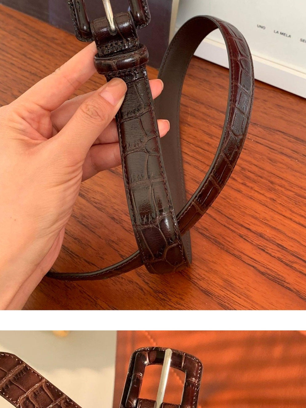 Miroment Top Grain Leather Casual Embossed Brown Women Slim 2.5Cm Buckle Belt