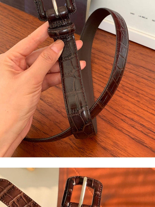 Miroment Top Grain Leather Casual Embossed Brown Women Slim 2.5Cm Buckle Belt