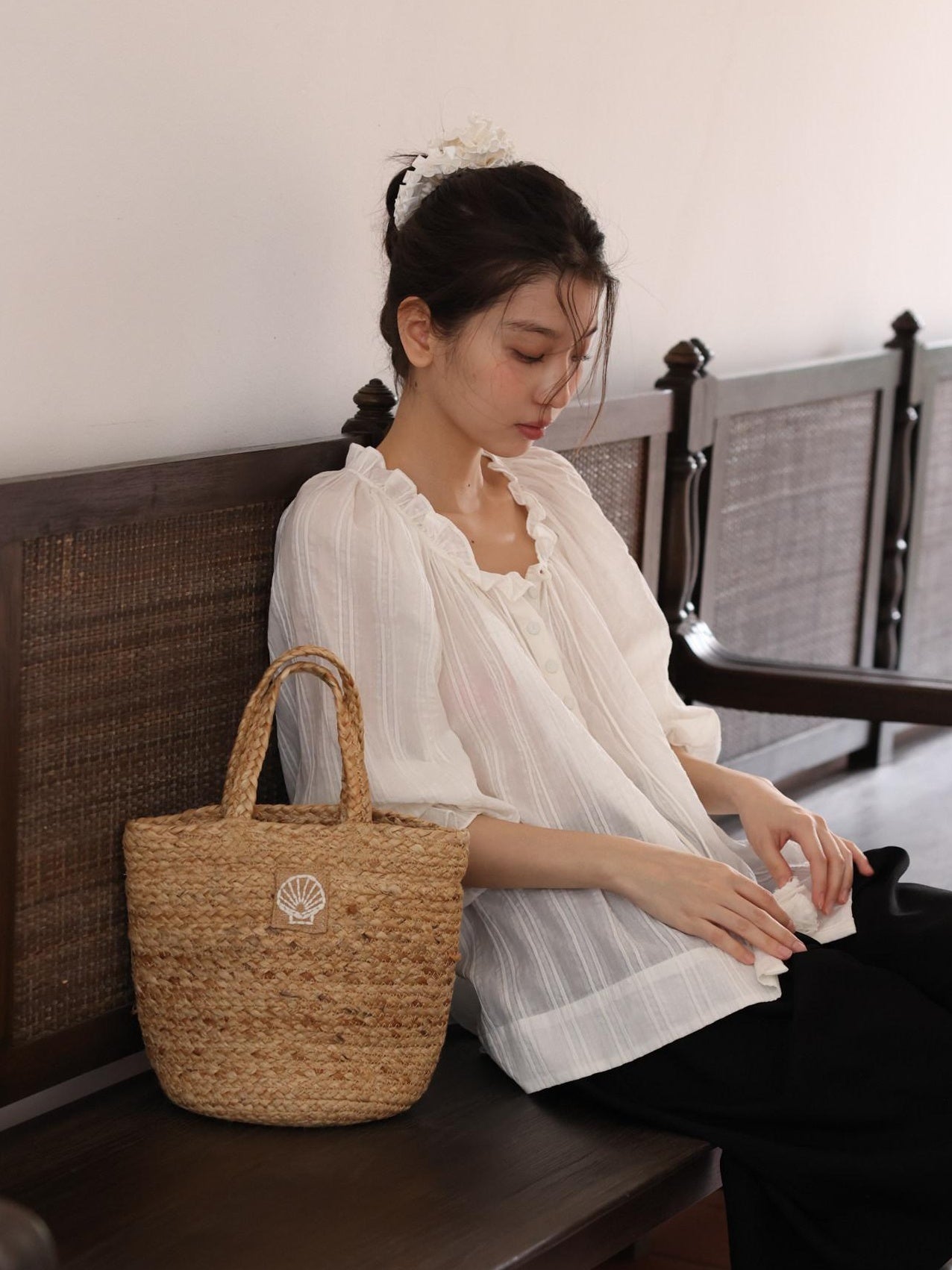 Miroment Breathable Romantic Loose V-neck Balloon Sleeves Women Cotton White Shirt