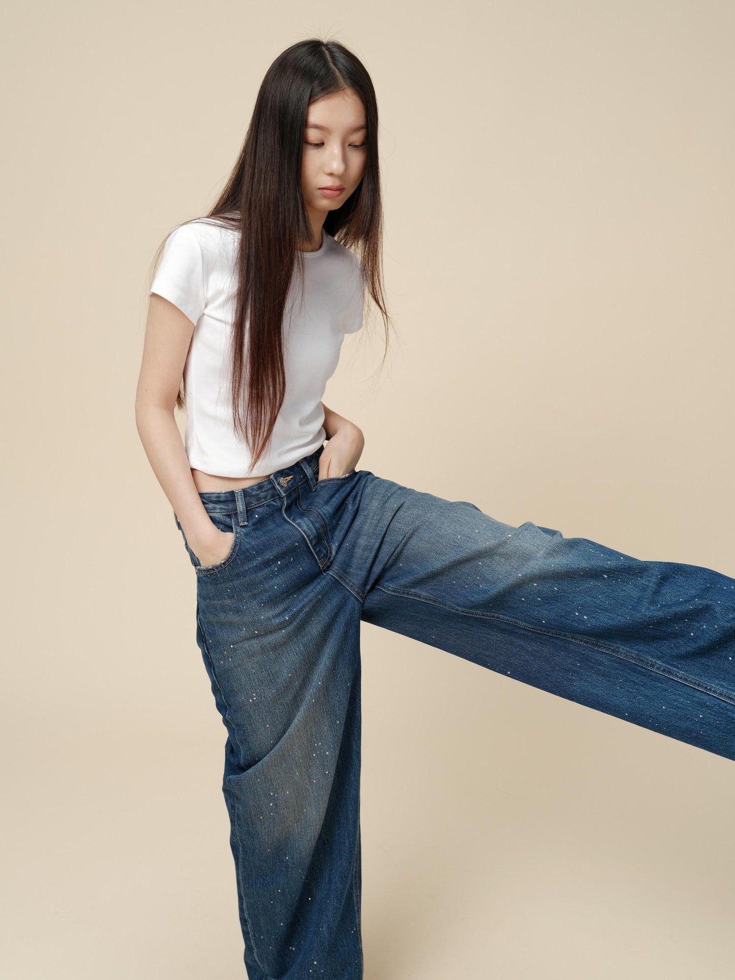 Miroment Washed Rebel Straight Natural Waist Women Button Fly No Stretch Denim Jeans