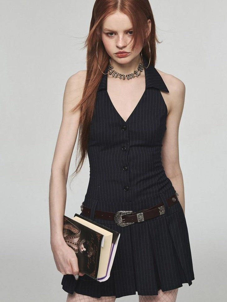1JINN STUDIO Cinched Waist Halter V-neck A Line Office Slim Fit Navy Blue Mini Dresses