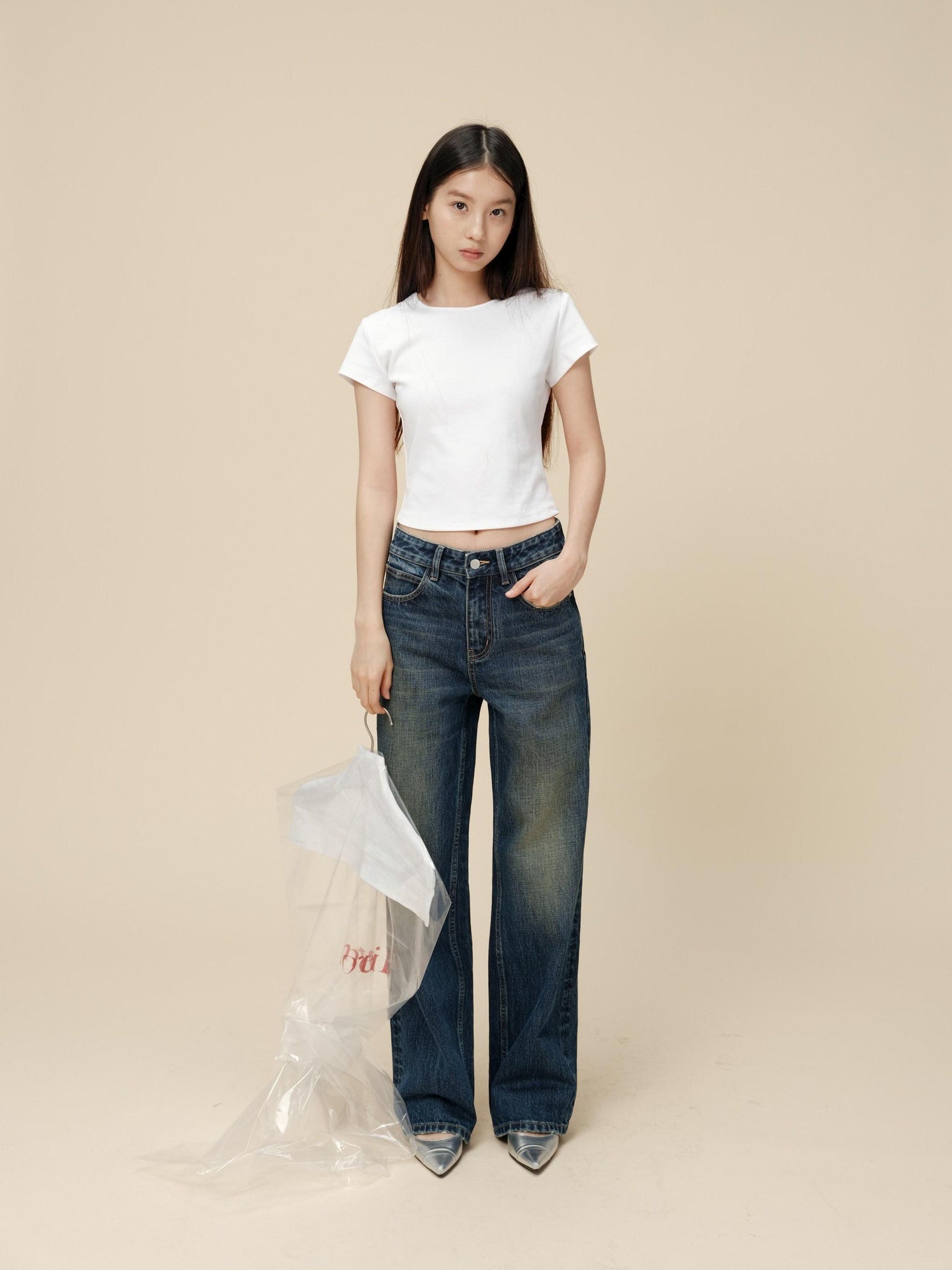 Miroment Vintage Distressed Straight Leg Mid Low Rise Button Fly Women Denim Jeans