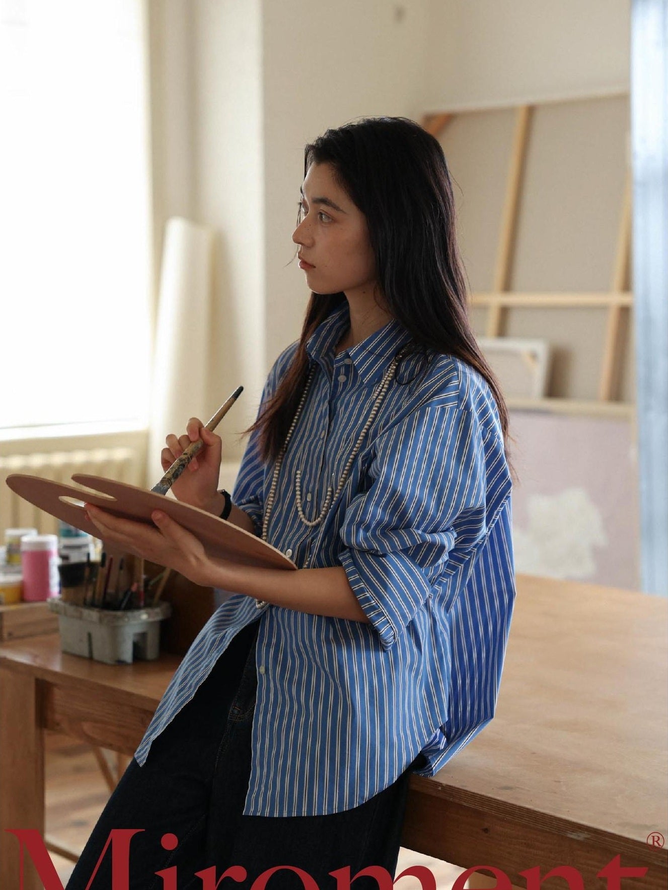 Miroment Soft Cotton Casual Loose Drop Shoulder Long Sleeve Women Durable Striped Shirt