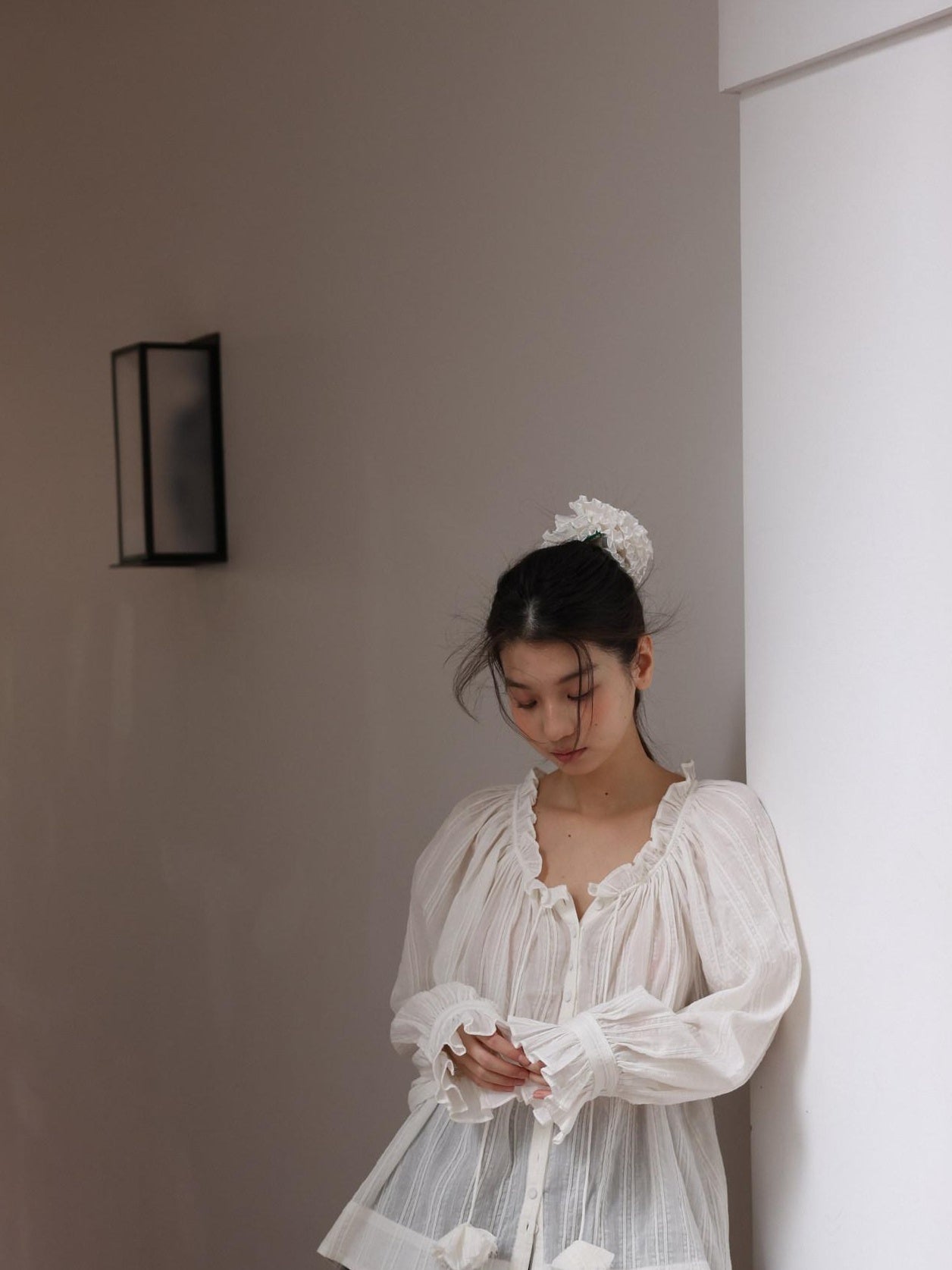 Miroment Breathable Romantic Loose V-neck Balloon Sleeves Women Cotton White Shirt