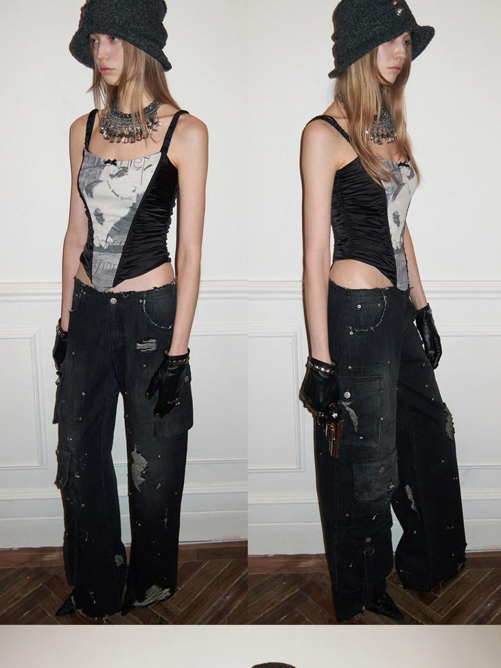 Washed Black Low Rise Cargo Pocket Button Fly Women Straight Leg Jeans