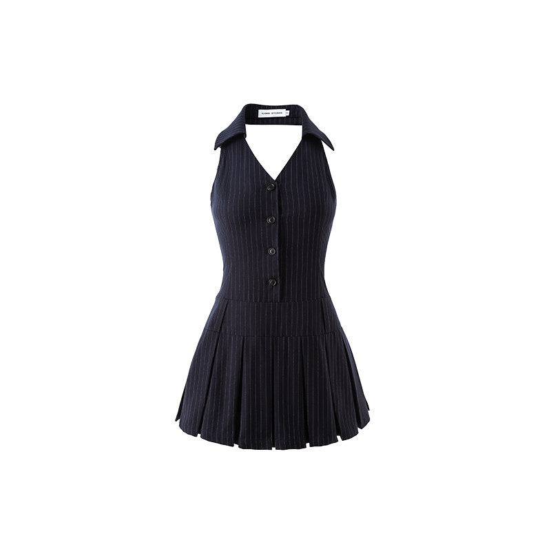 1JINN_STUDIO_Cinched_Waist_Halter_V-neck_A_Line_Office_Slim_Fit_Navy_Blue_Mini_Dresses_MISSTT
