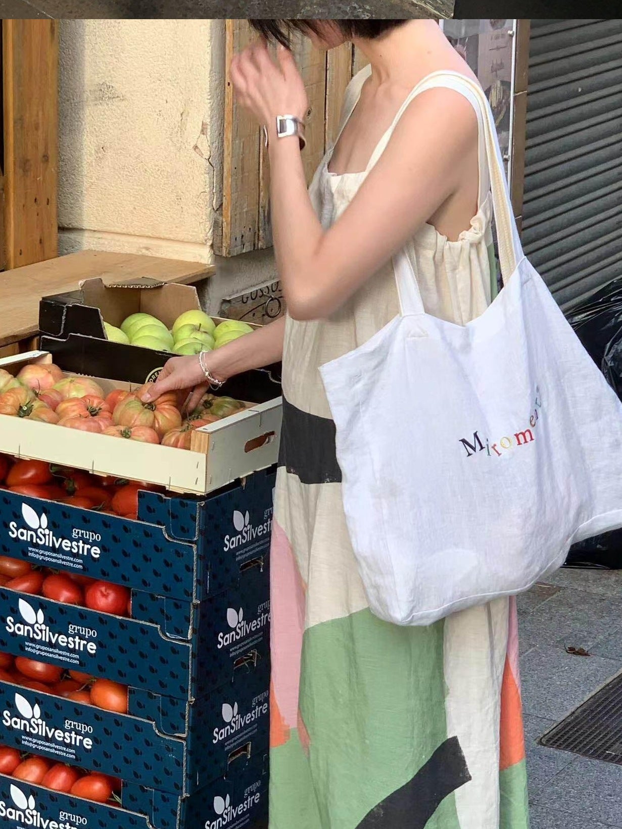 Miroment Colorblock Linen Small Square Shoulder Lightweight Casual Canvas Tote Bag