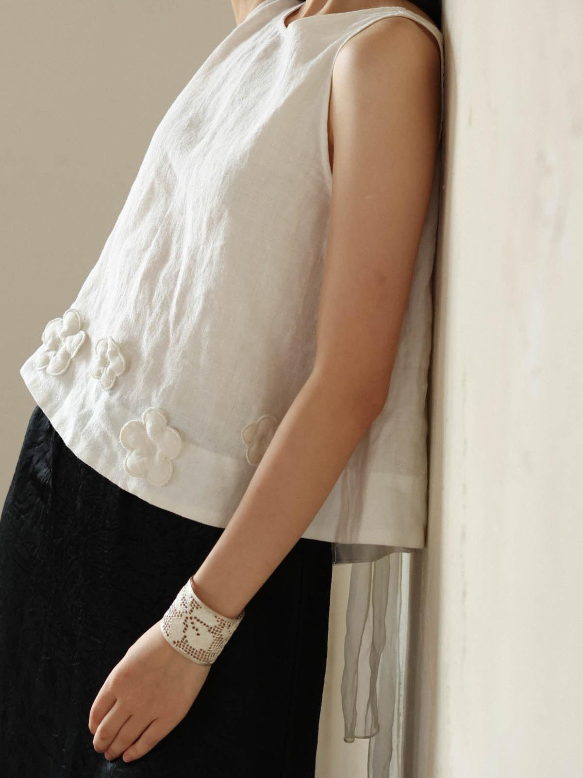 Miroment Linen Embroidered Jacquard Twist Loose H Silhouette Sleeveless Women Knit Sweater