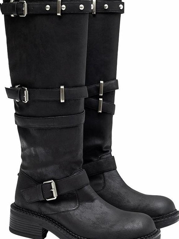 1JINN STUDIO Comfort Low Heel Platform European Mid Calf Casual Round Toe Solid Color Boots