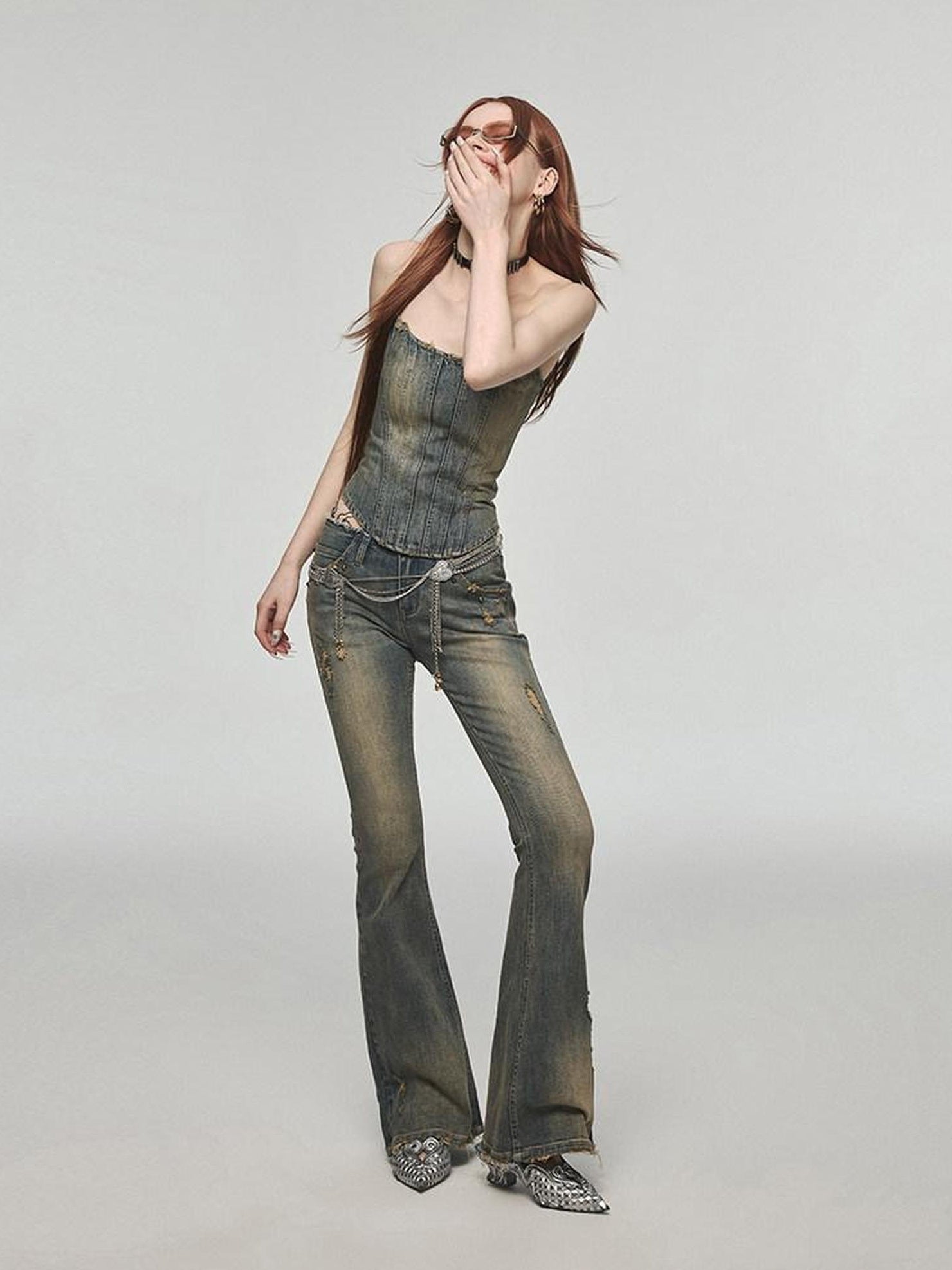1JINN STUDIO Vintage Distressed Low Rise Slight Flare Blue Women Stretch Straight Leg Jeans