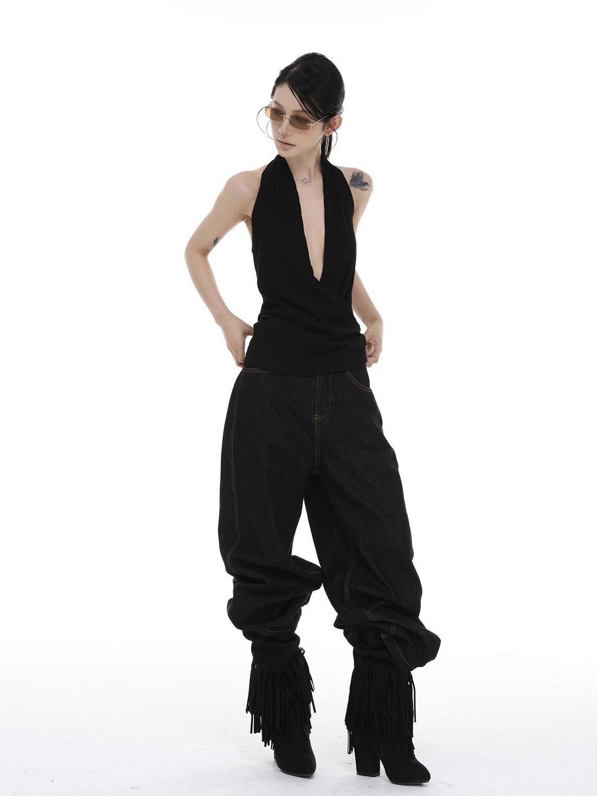 CrushOnit Original Design Patchwork Halter Stretch Cotton Regular Women Black Tank Tops