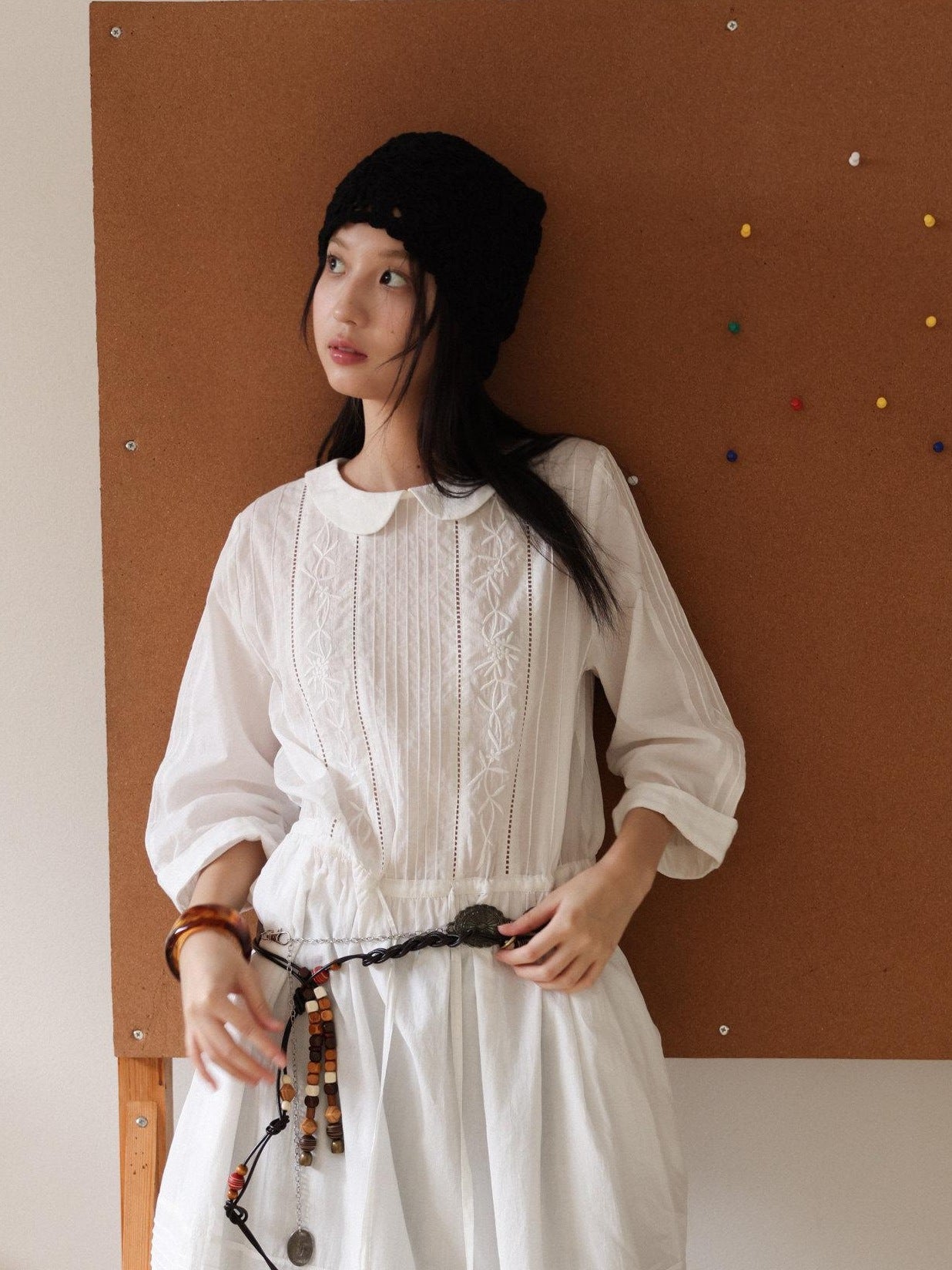 Miroment 100% Cotton Artistic Patchwork Doll Collar Mid Sleeve Low Waist Maxi Dresses