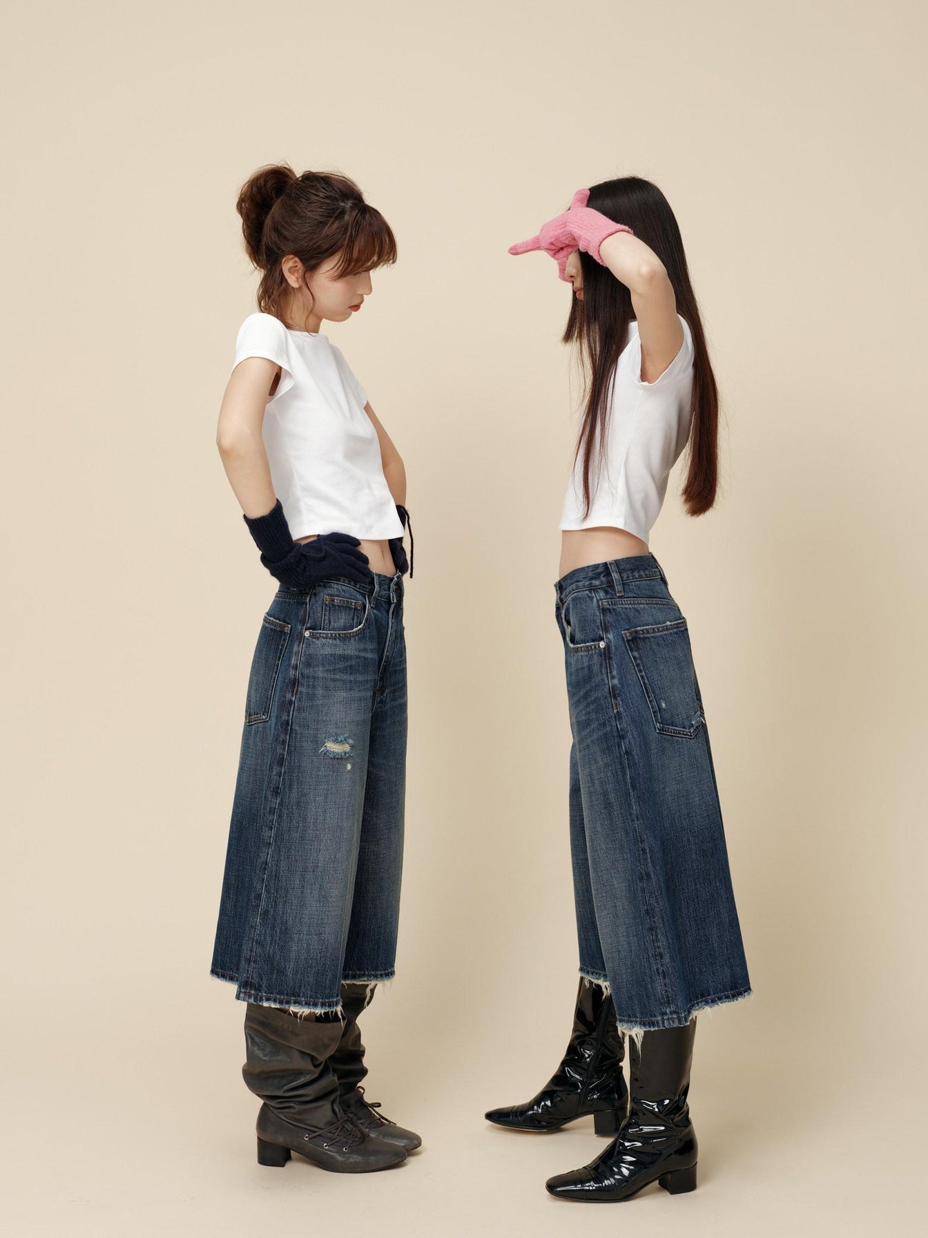 Miroment High Waist Button Fly Minimal Straight Ripped Women Cotton Cropped Jeans