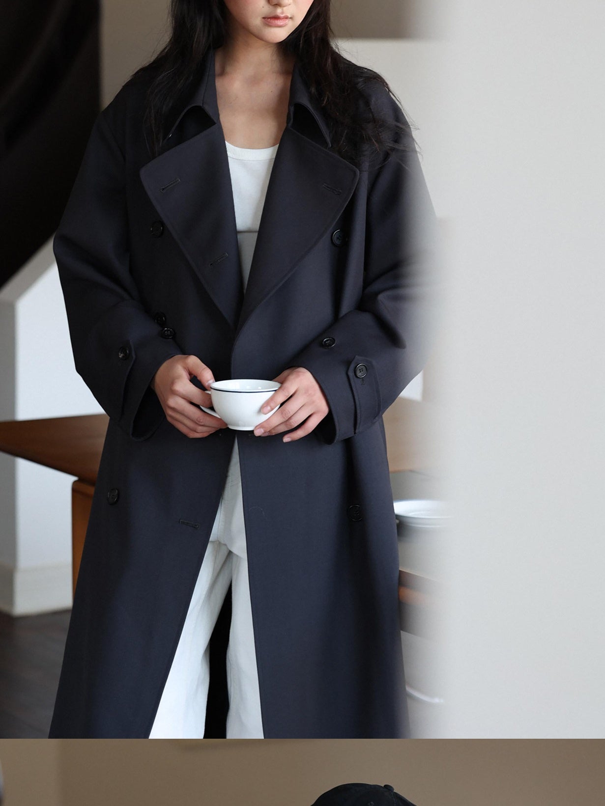 Miroment Elegant Wool Blend Double Breasted Tailored Midi Women Cream Long Trench Coat