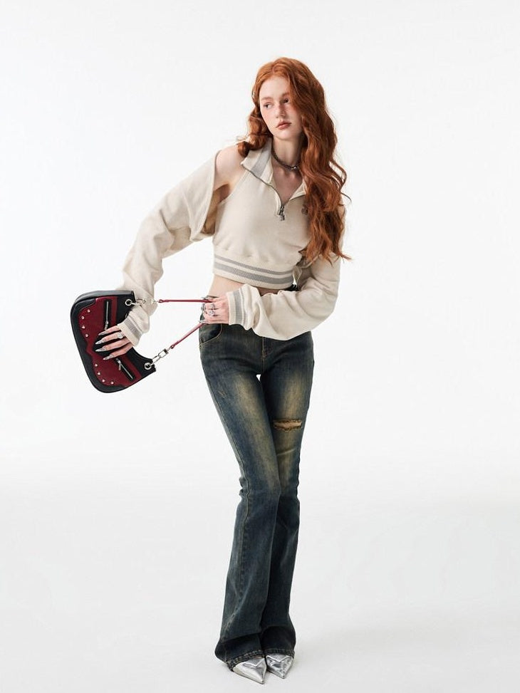 1JINN STUDIO Vintage Faded Thick Denim Slim Natural Waist Women Straight Leg Jeans