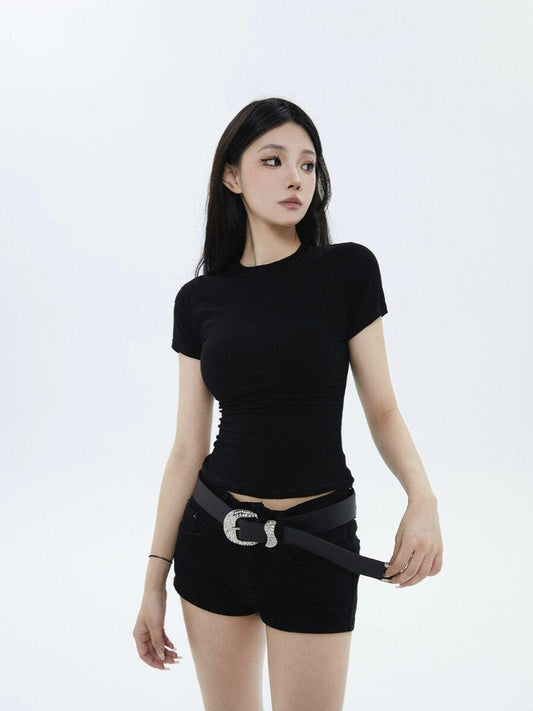 CrushOnit 100 Percent Cotton Cropped Tee Belted Denim Shorts Black Top & Shorts Sets