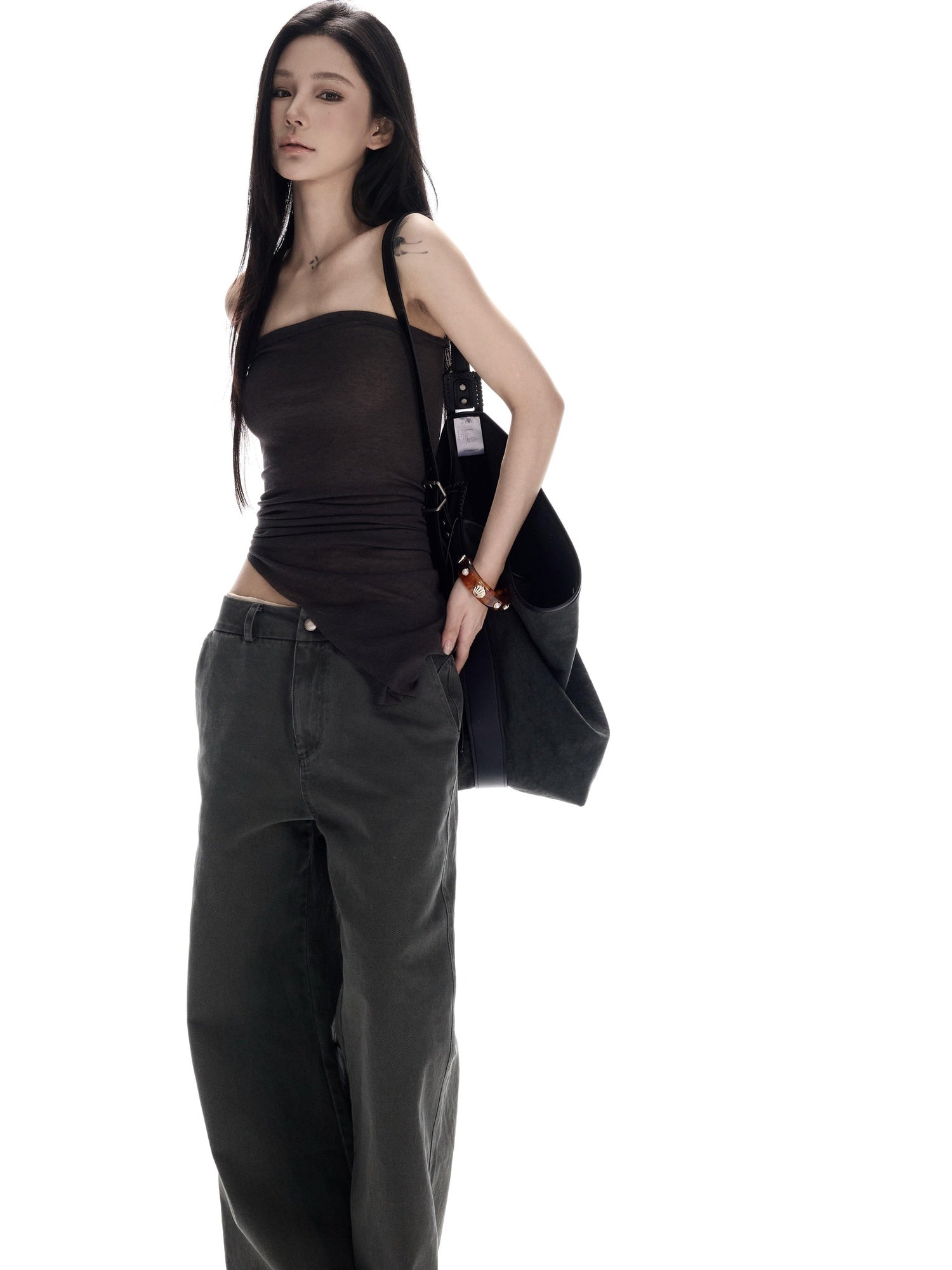 CrushOnit Asymmetrical Slim Fit Lightweight Cotton Commuter Khaki Dark Gray Tube Tops