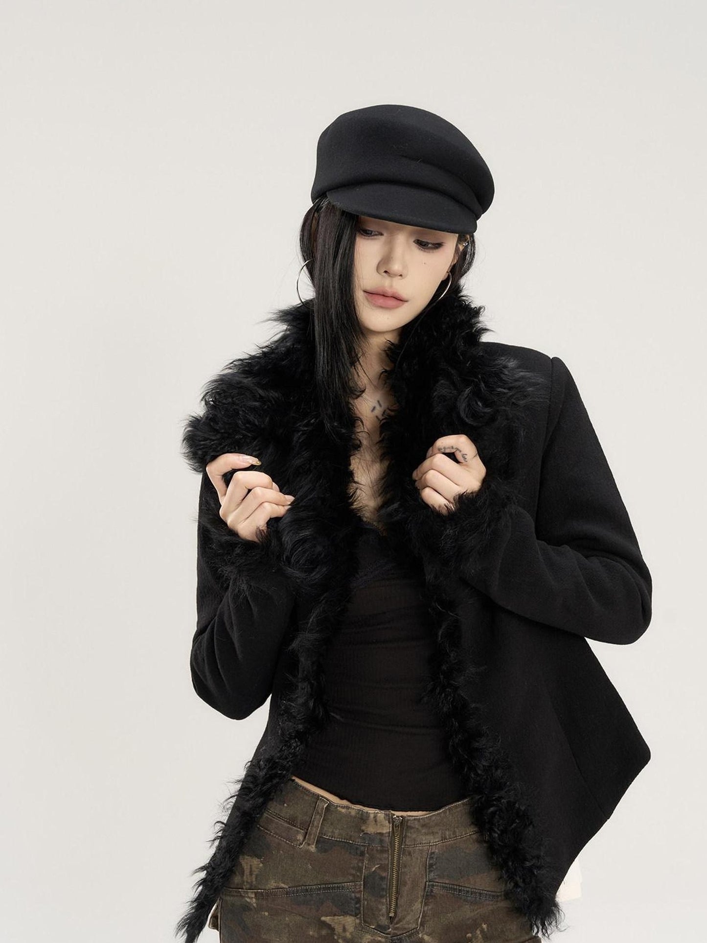 CrushOnit Black Hooded Faux Fur Collar Slim Fit Lapel Commuter Women Short Coat