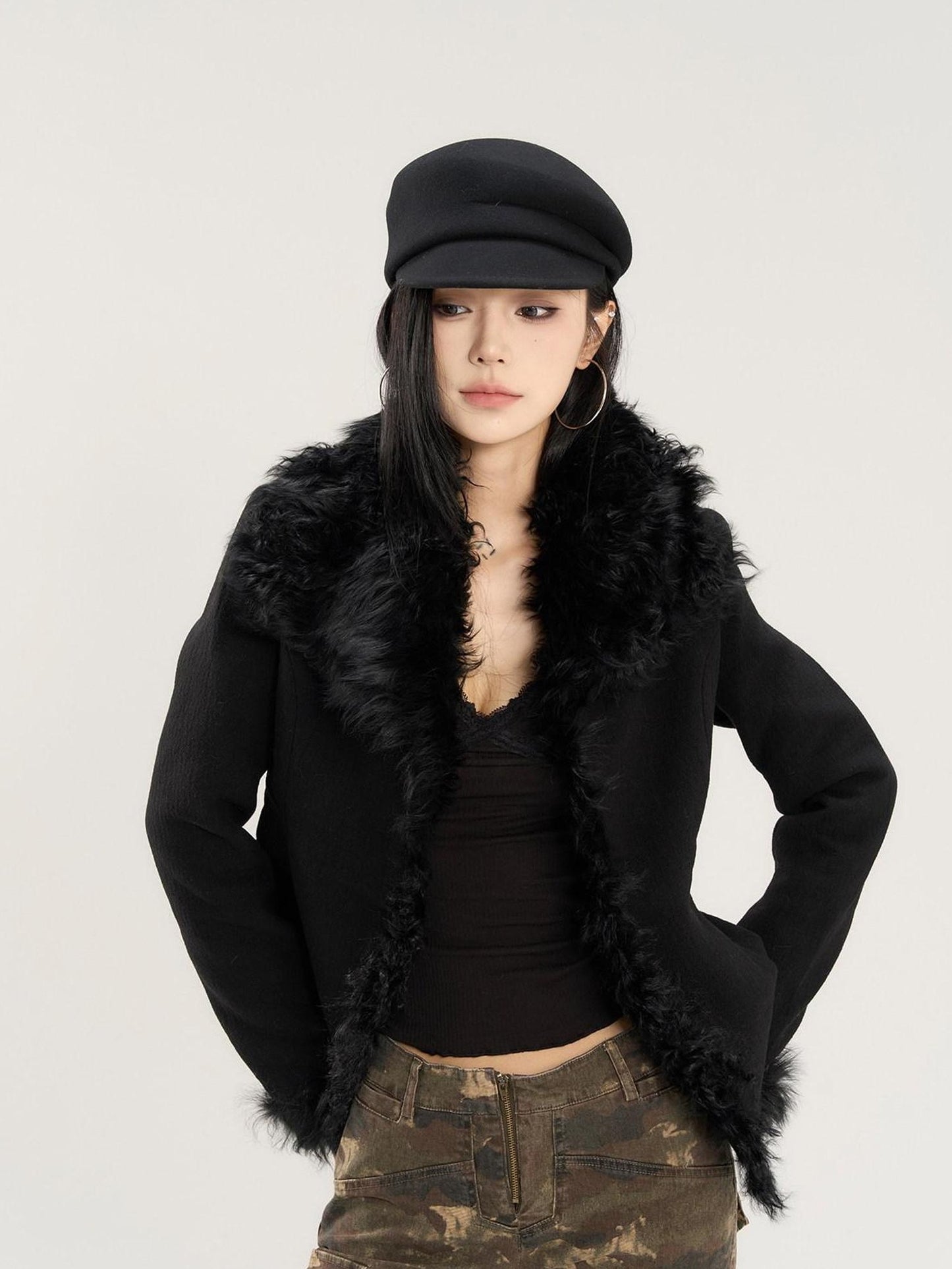 CrushOnit Black Hooded Faux Fur Collar Slim Fit Lapel Commuter Women Short Coat