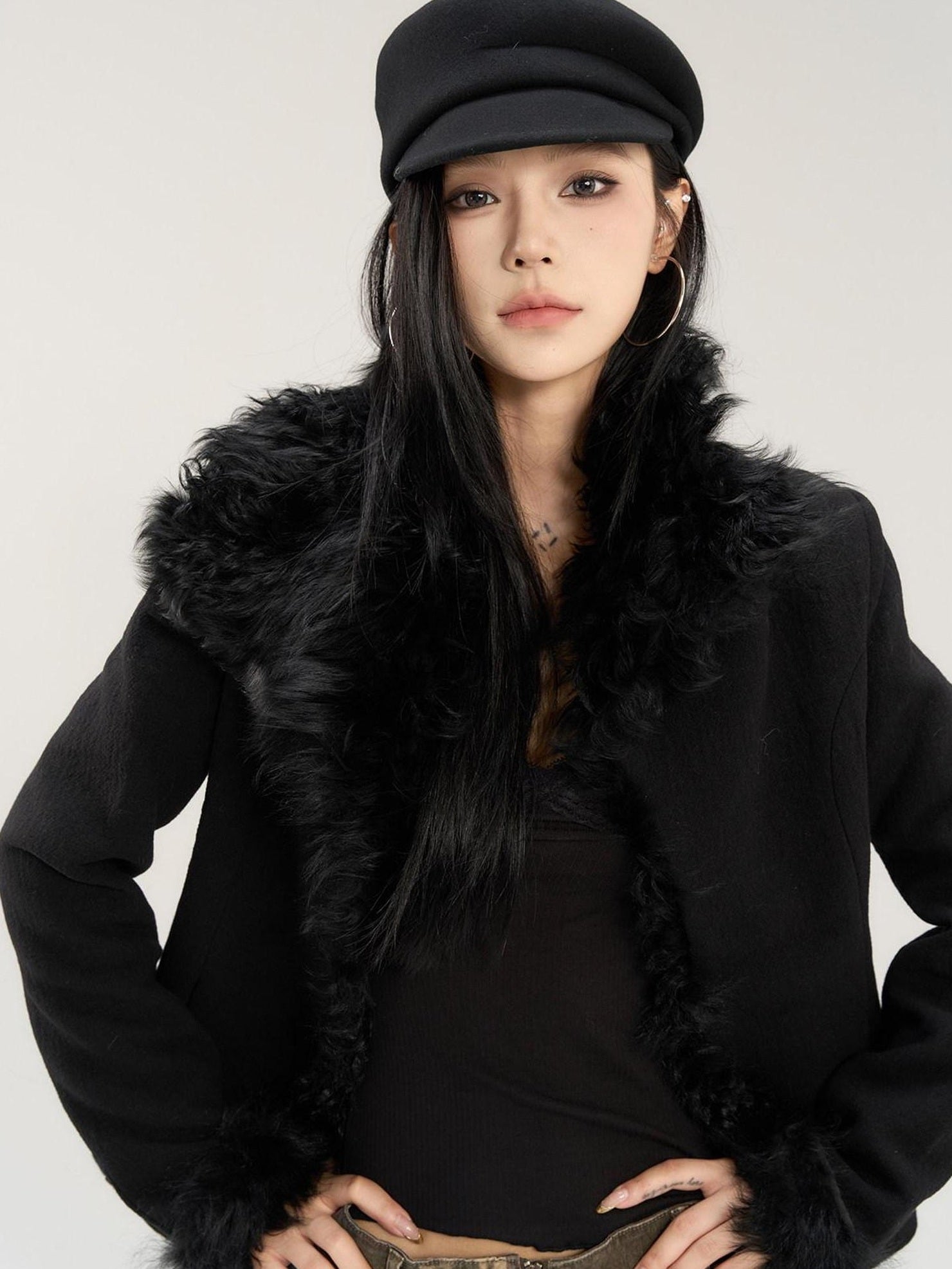 CrushOnit Black Hooded Faux Fur Collar Slim Fit Lapel Commuter Women Short Coat