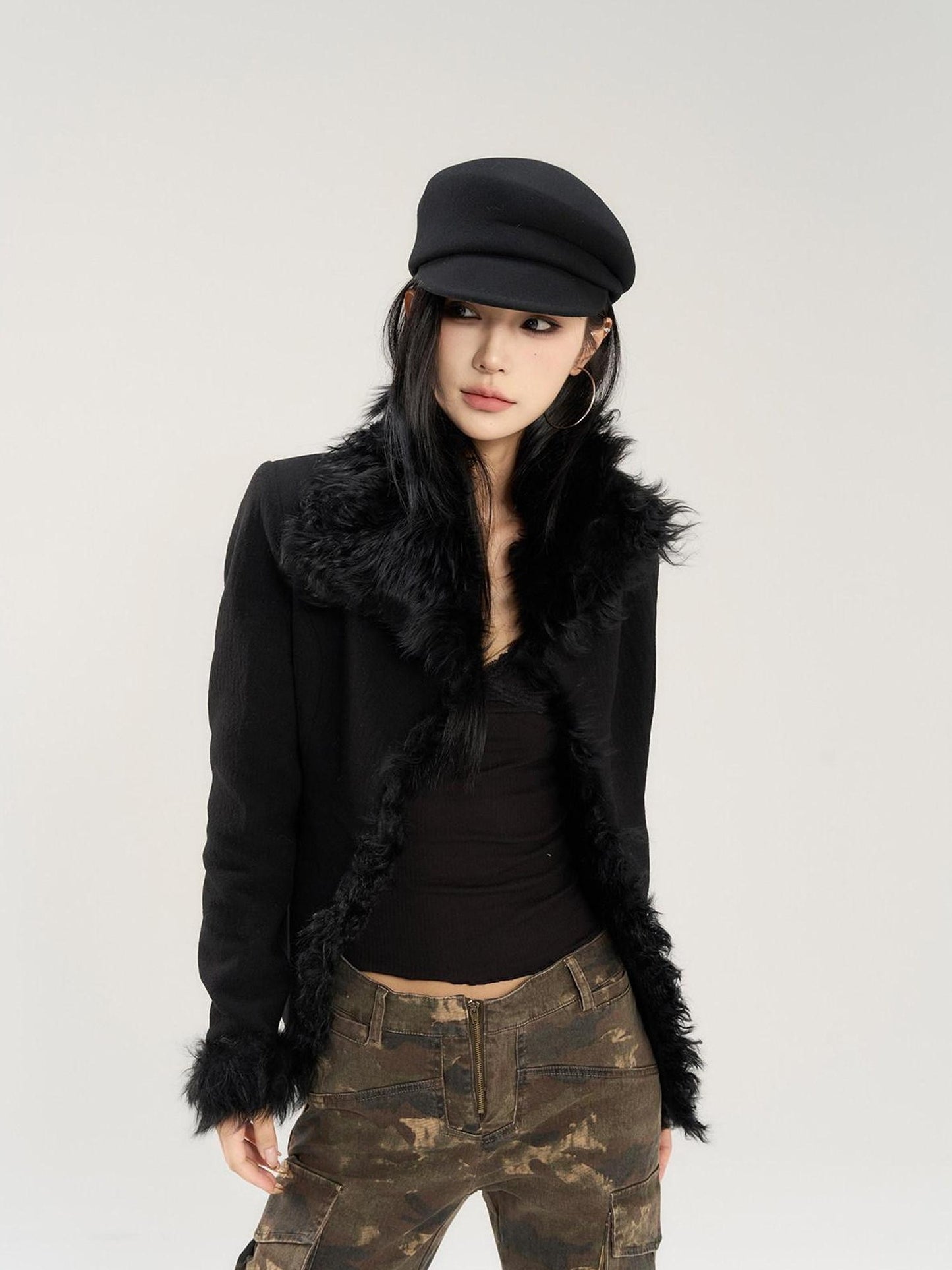 CrushOnit Black Hooded Faux Fur Collar Slim Fit Lapel Commuter Women Short Coat