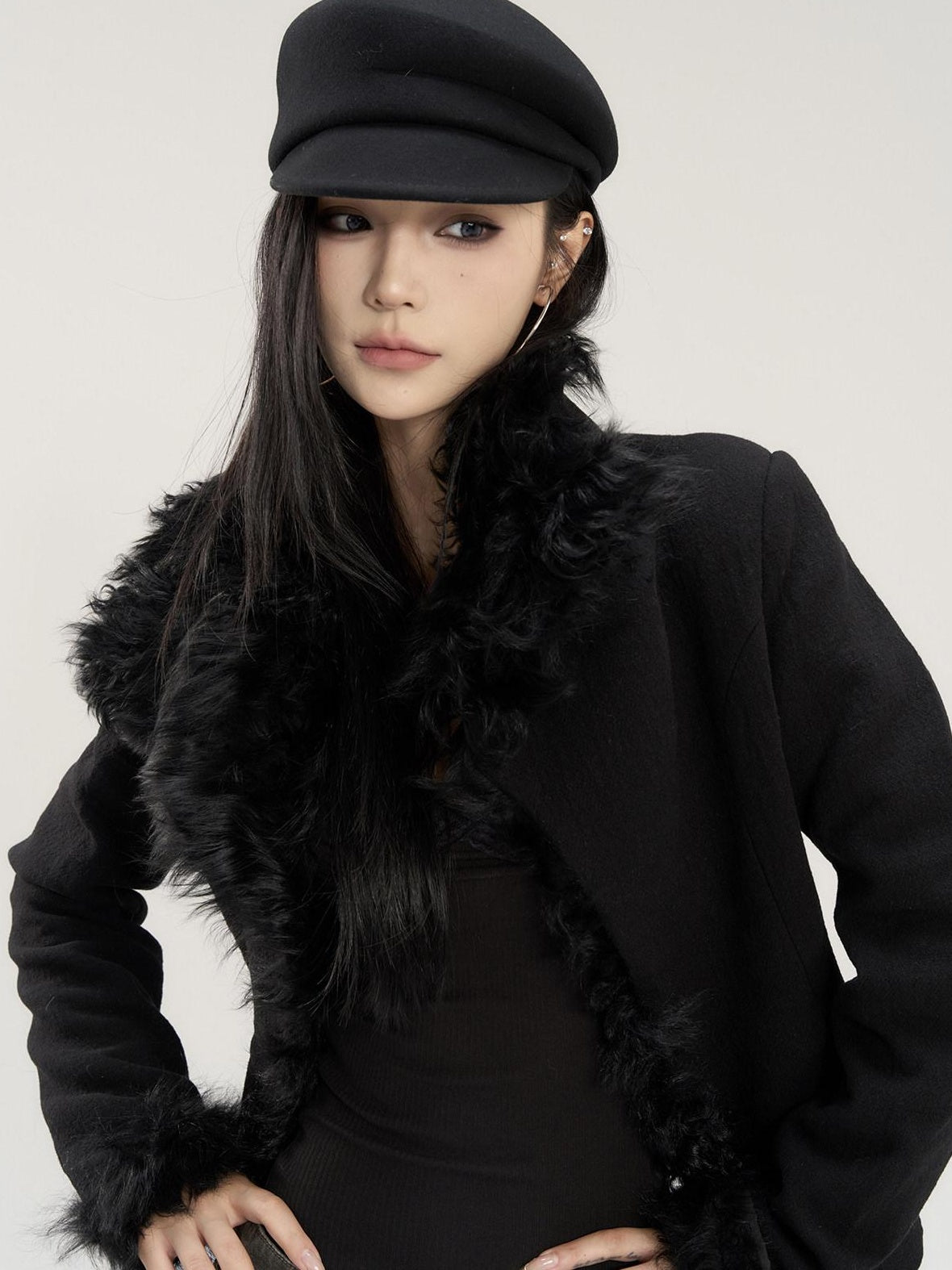 CrushOnit Black Hooded Faux Fur Collar Slim Fit Lapel Commuter Women Short Coat