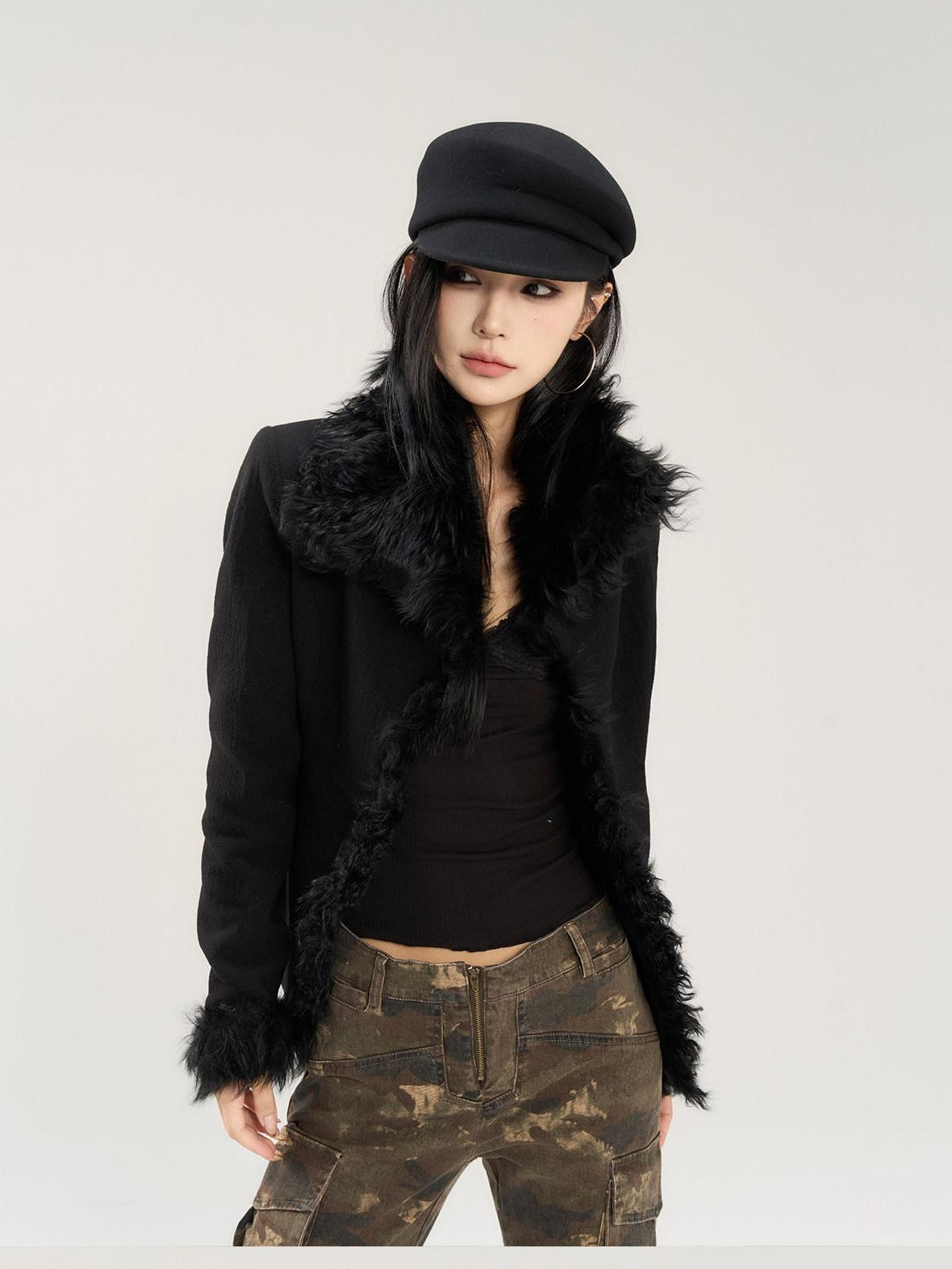 CrushOnit Black Hooded Faux Fur Collar Slim Fit Lapel Commuter Women Short Coat