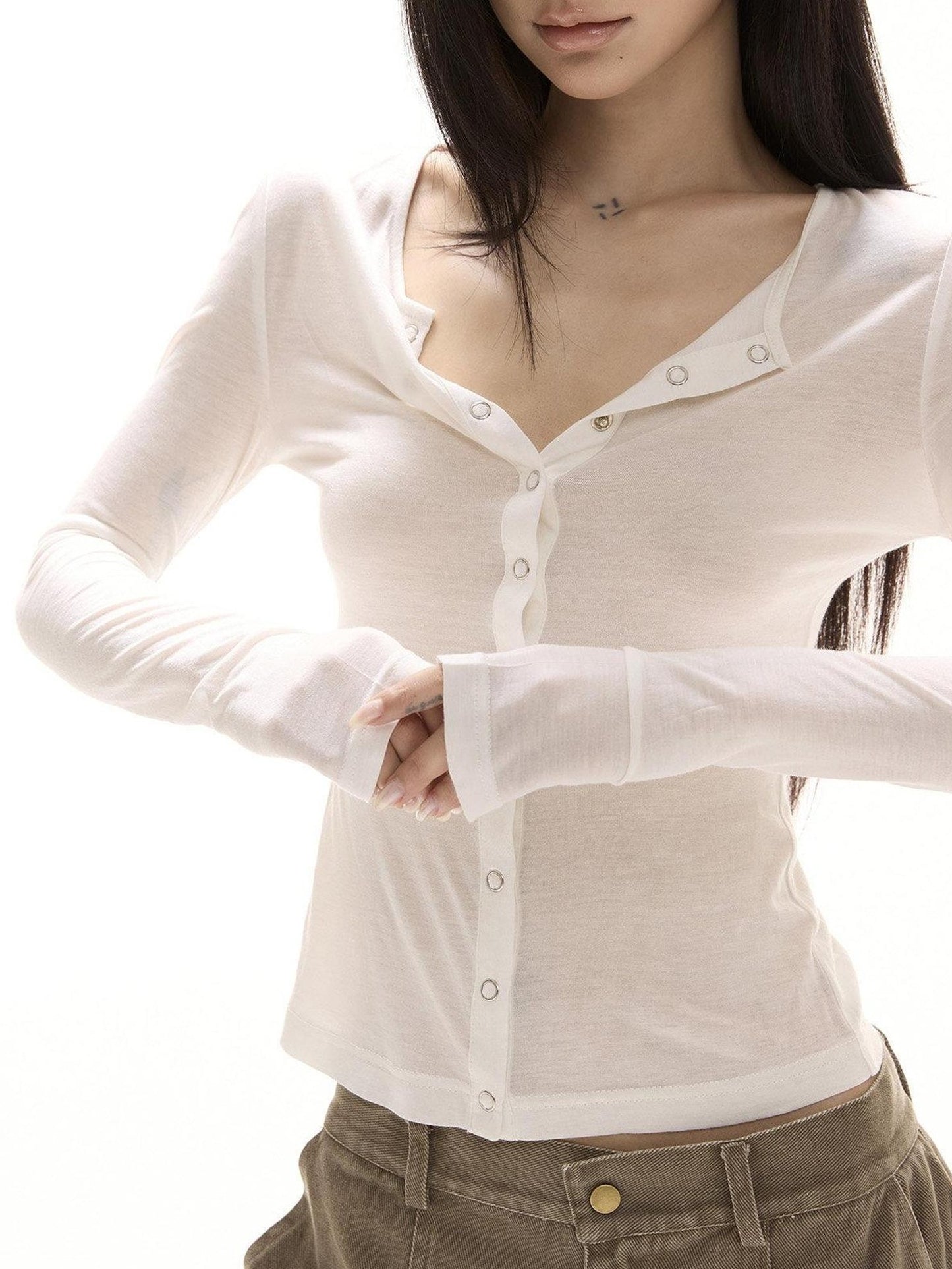 CrushOnit Breathable Cotton V-neck Slim Mid Waist Cleanfit Women Long Sleeve Crop Tops